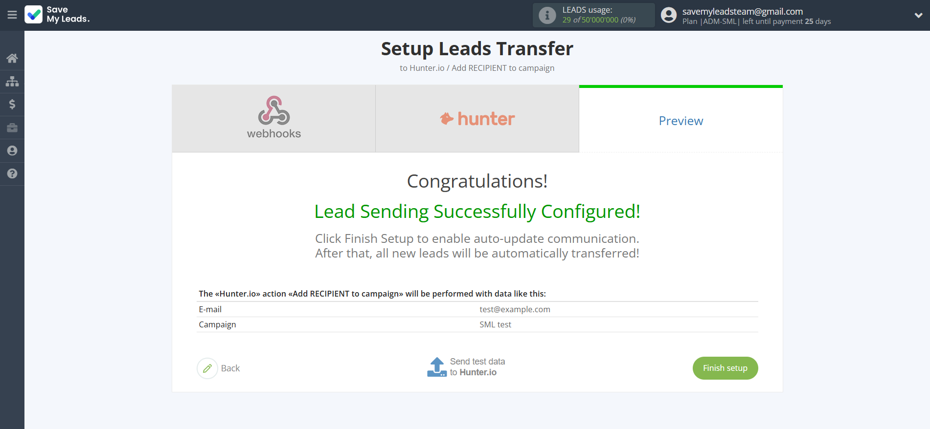 How to Connect Webhooks with Hunter.io Create Contact | Test data