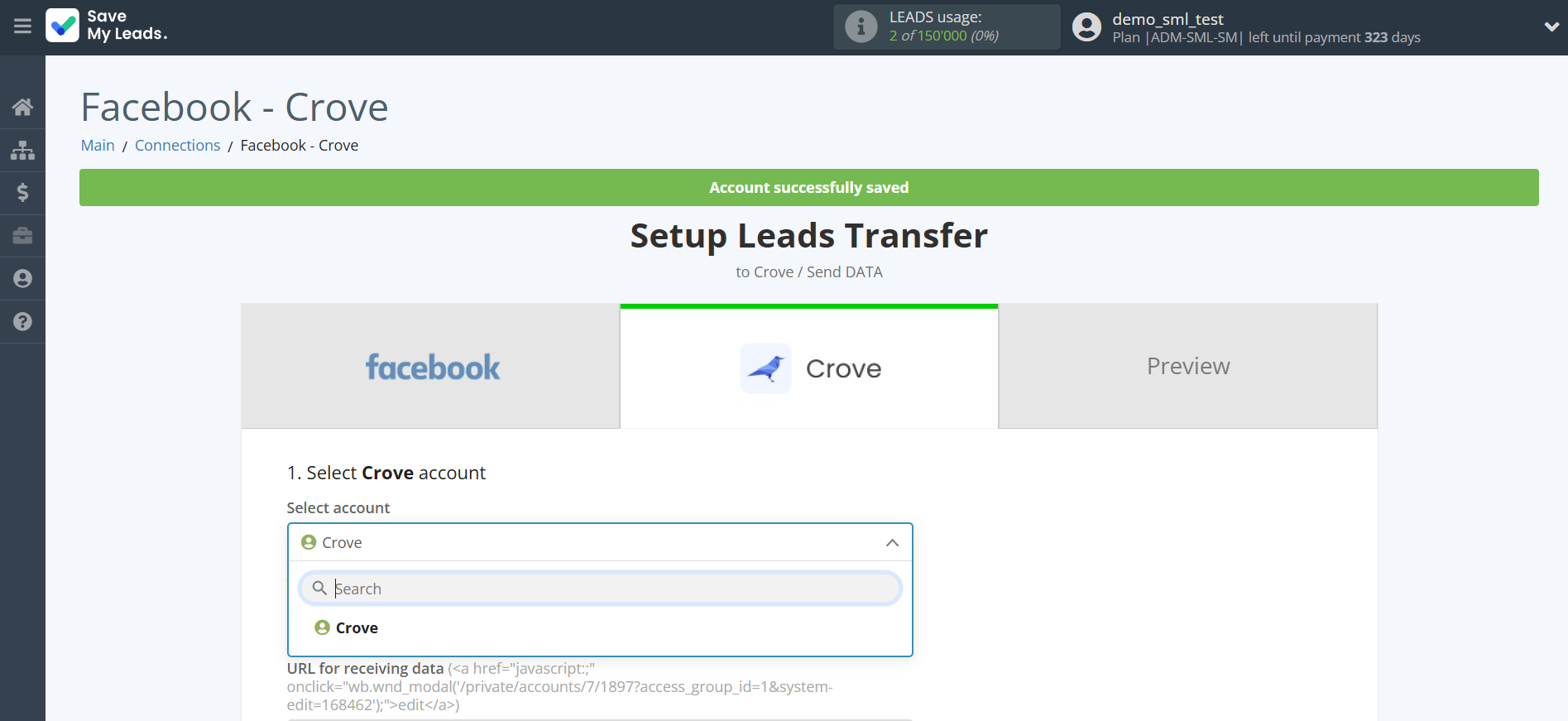 How to Connect Facebook with Crove | Data Destination account selection How to Connect Facebook with Crove | Data Destination account selection