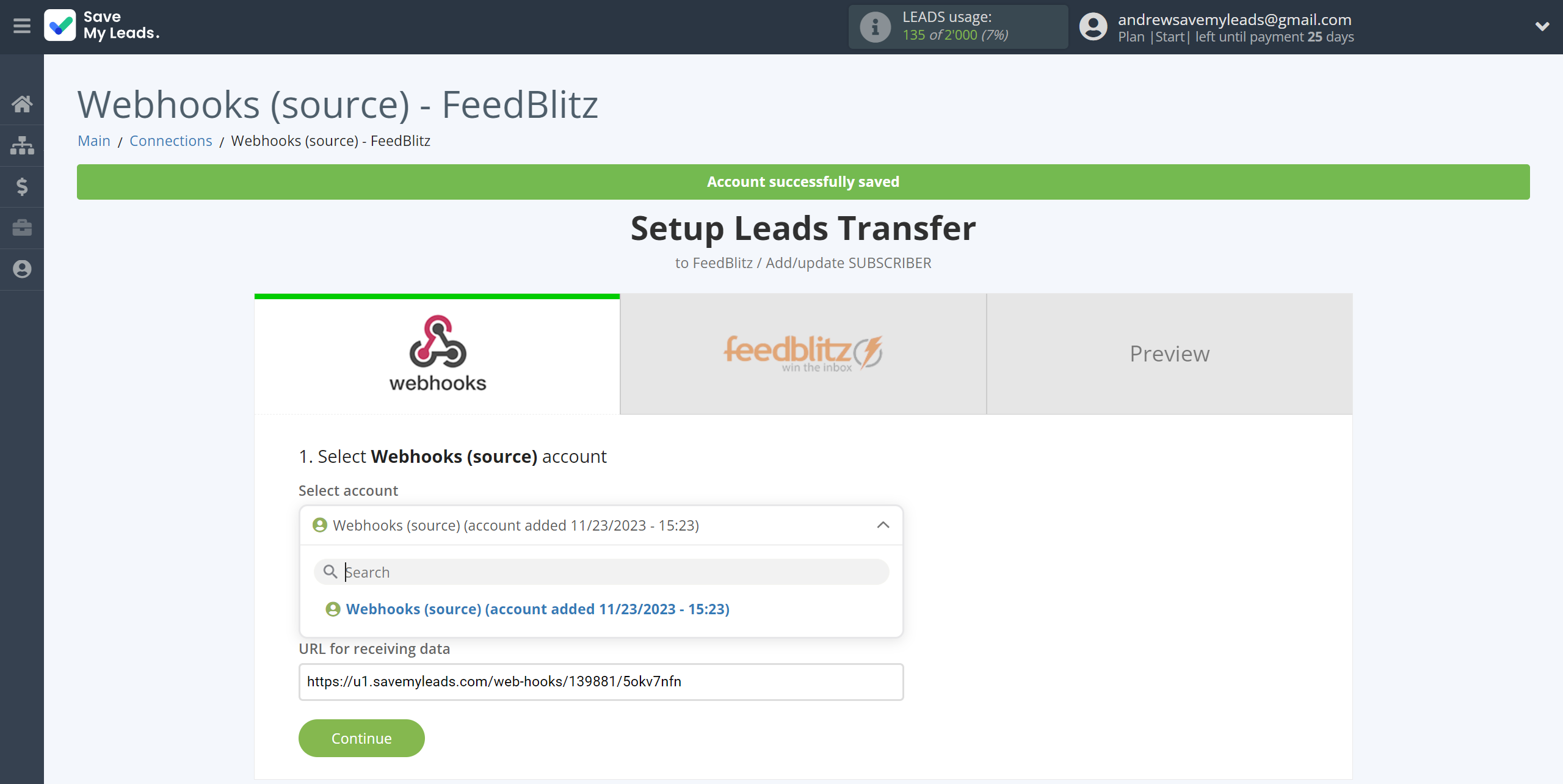 How to Connect Webhooks with FeedBlitz | Data Source account selection