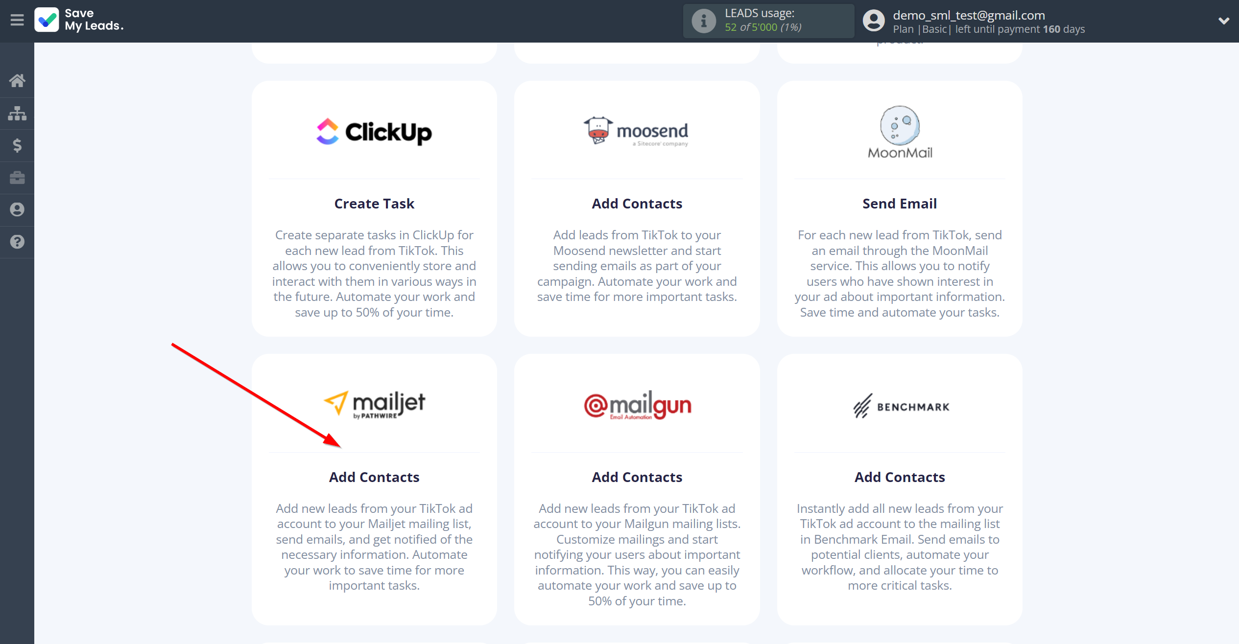 How to Connect TikTok with Mailjet | Data Destination system selection