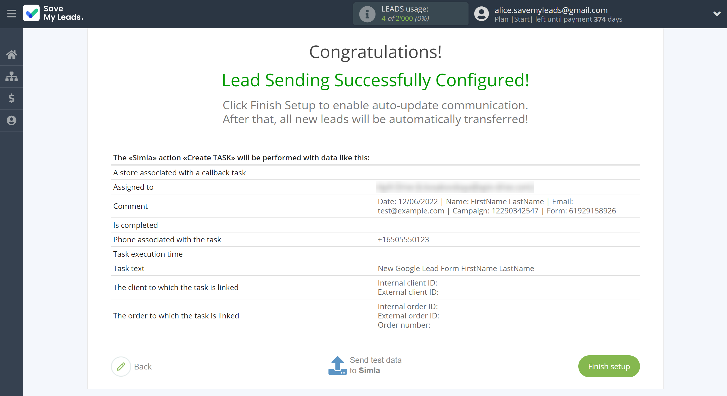 How to Connect Google Lead Form with Simla Create Task | Test data