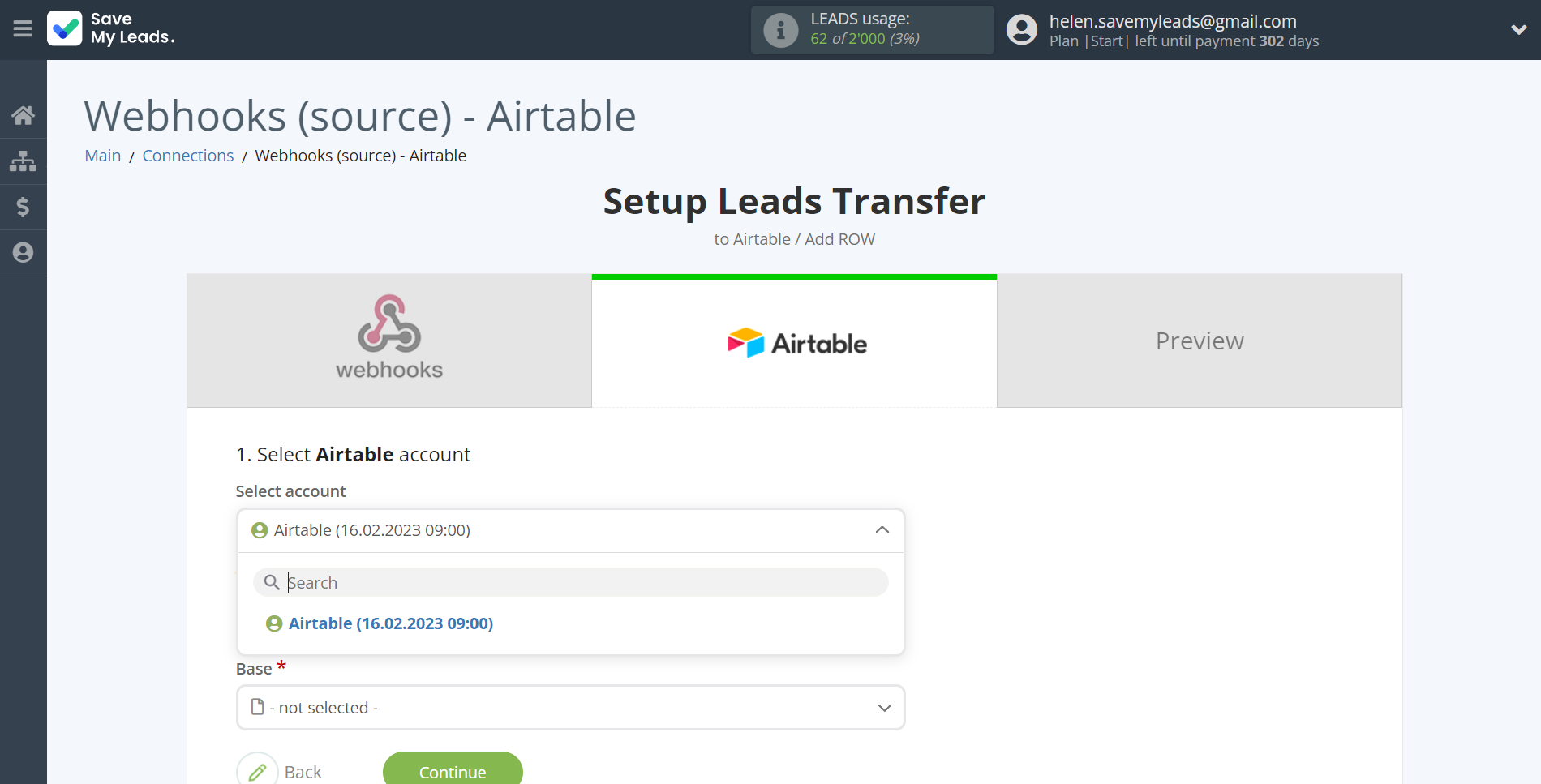 How to Connect Webhooks with AirTable | Data Destination account selection