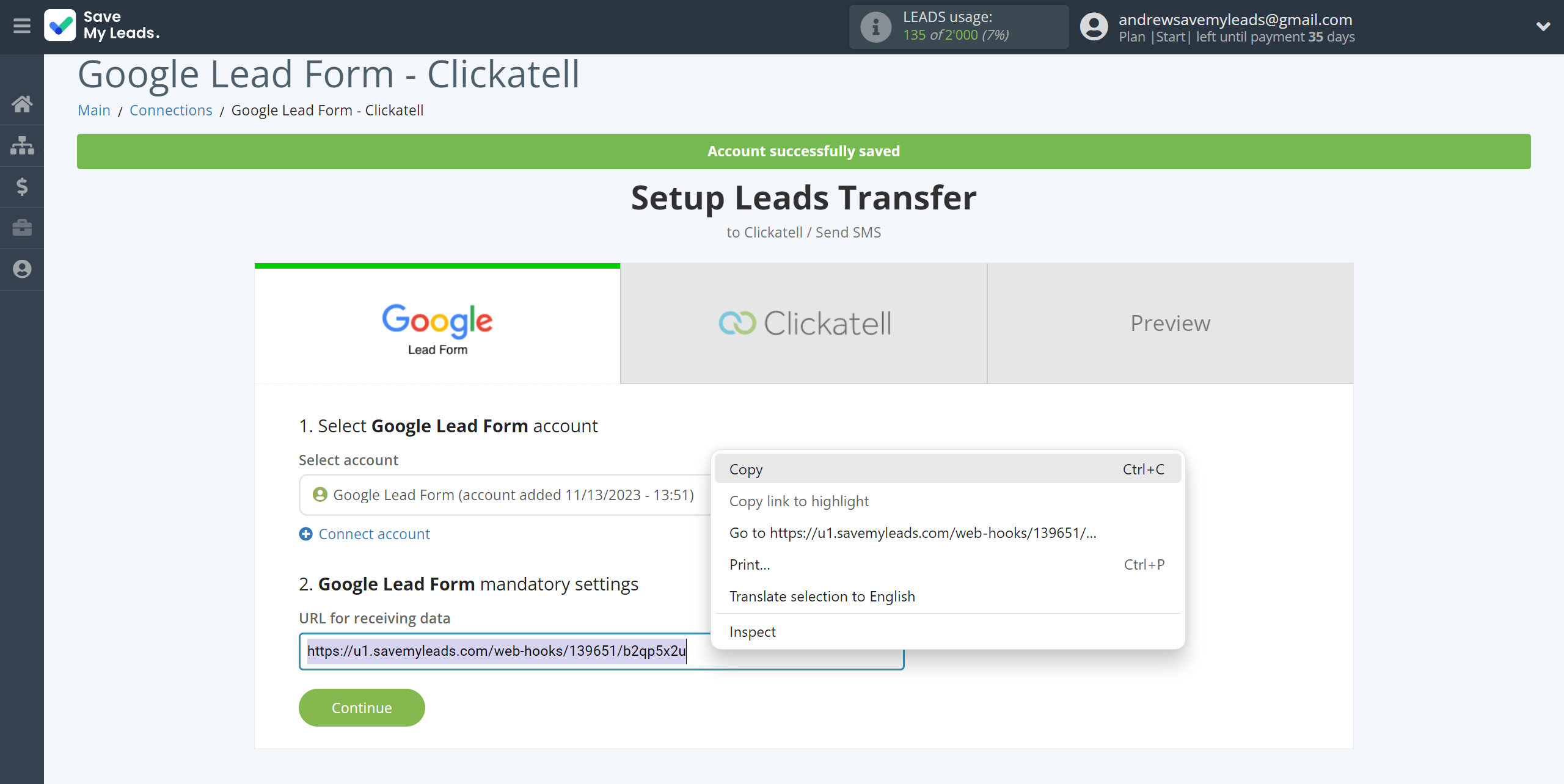 How to Connect Google Lead Form with Clickatell | Data Source account connection