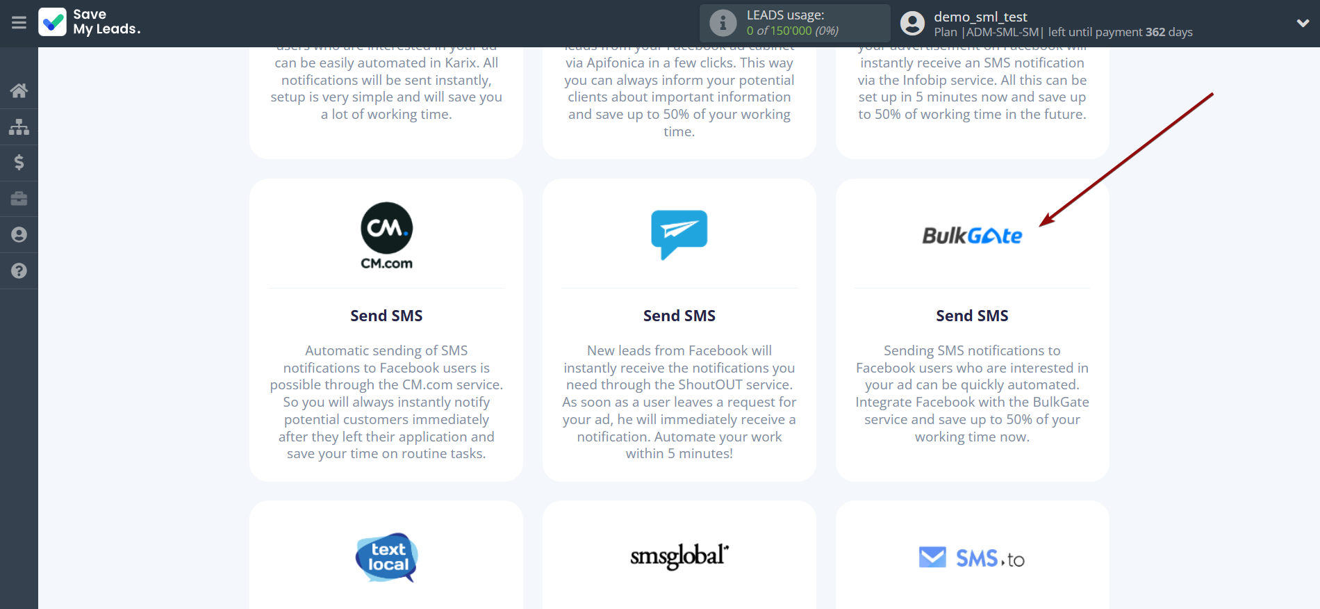 How to Connect Facebook with BulkGate | Data Destination system selection