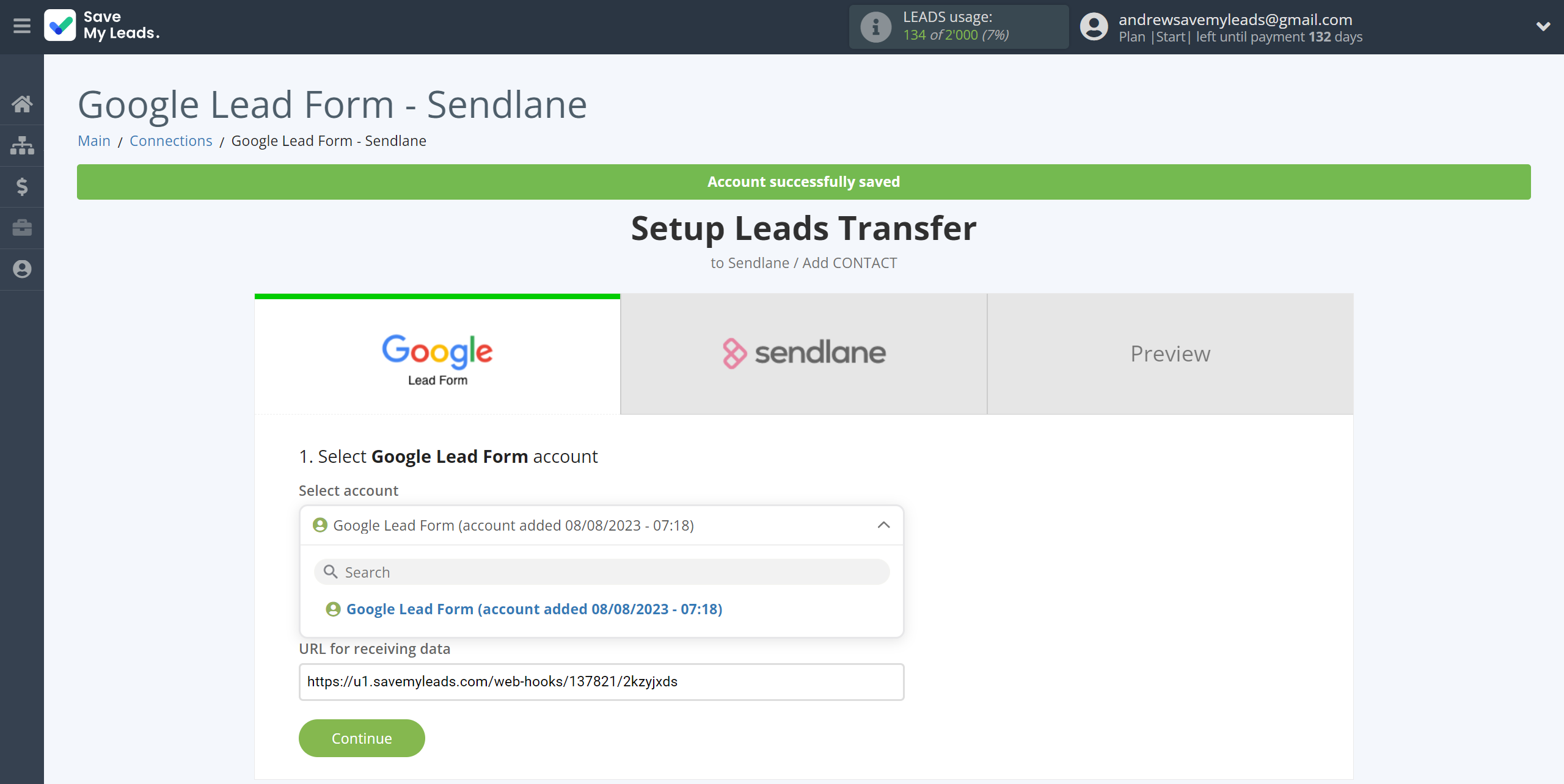 How to Connect Google Lead Form with Sendlane Add Contacts | Data Source account selection