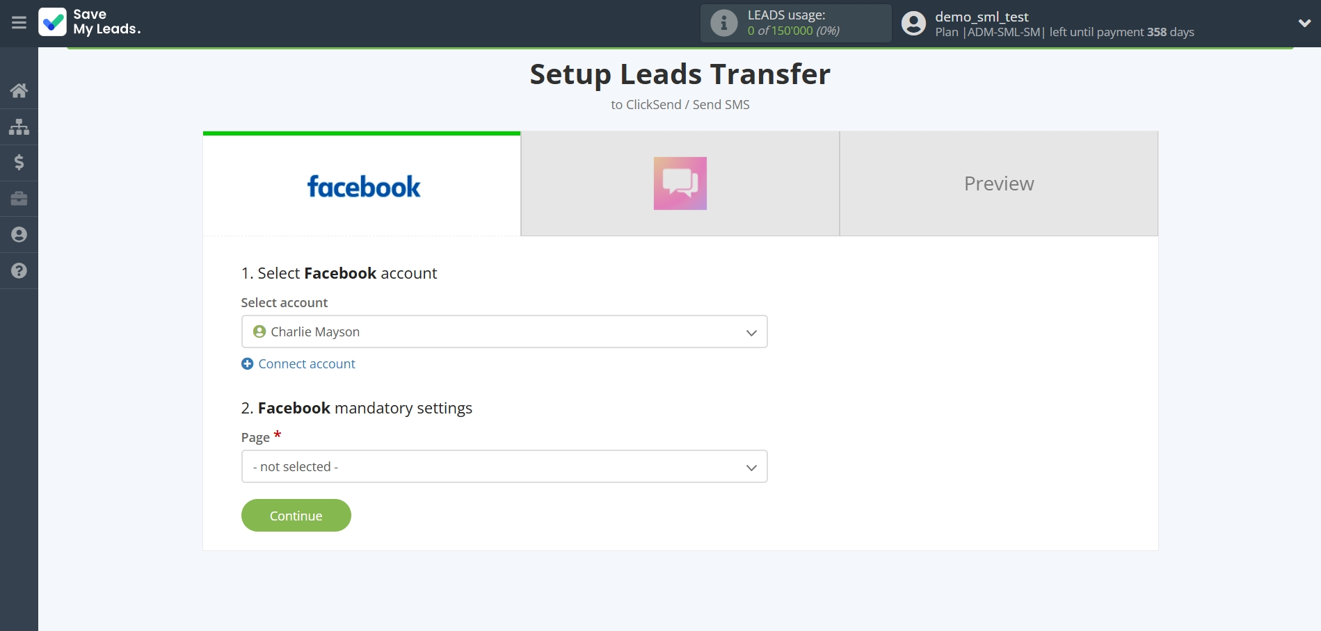 How to Connect FaceBook with ClickSend Send SMS | Data Source account selection