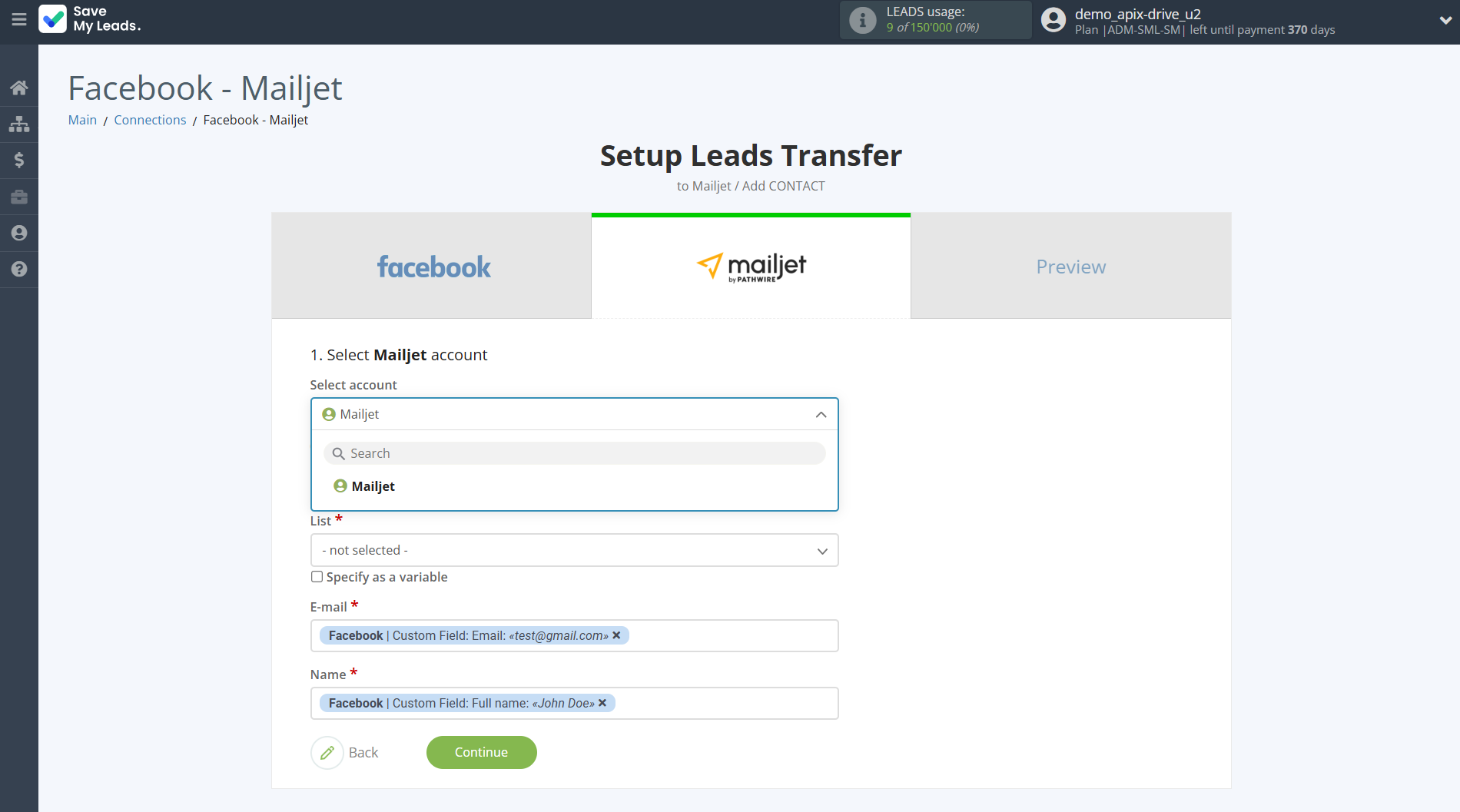 How to Connect Facebook with Mailjet | Data Destination account selection How to Connect Facebook with Mailjet | Data Destination account selection
