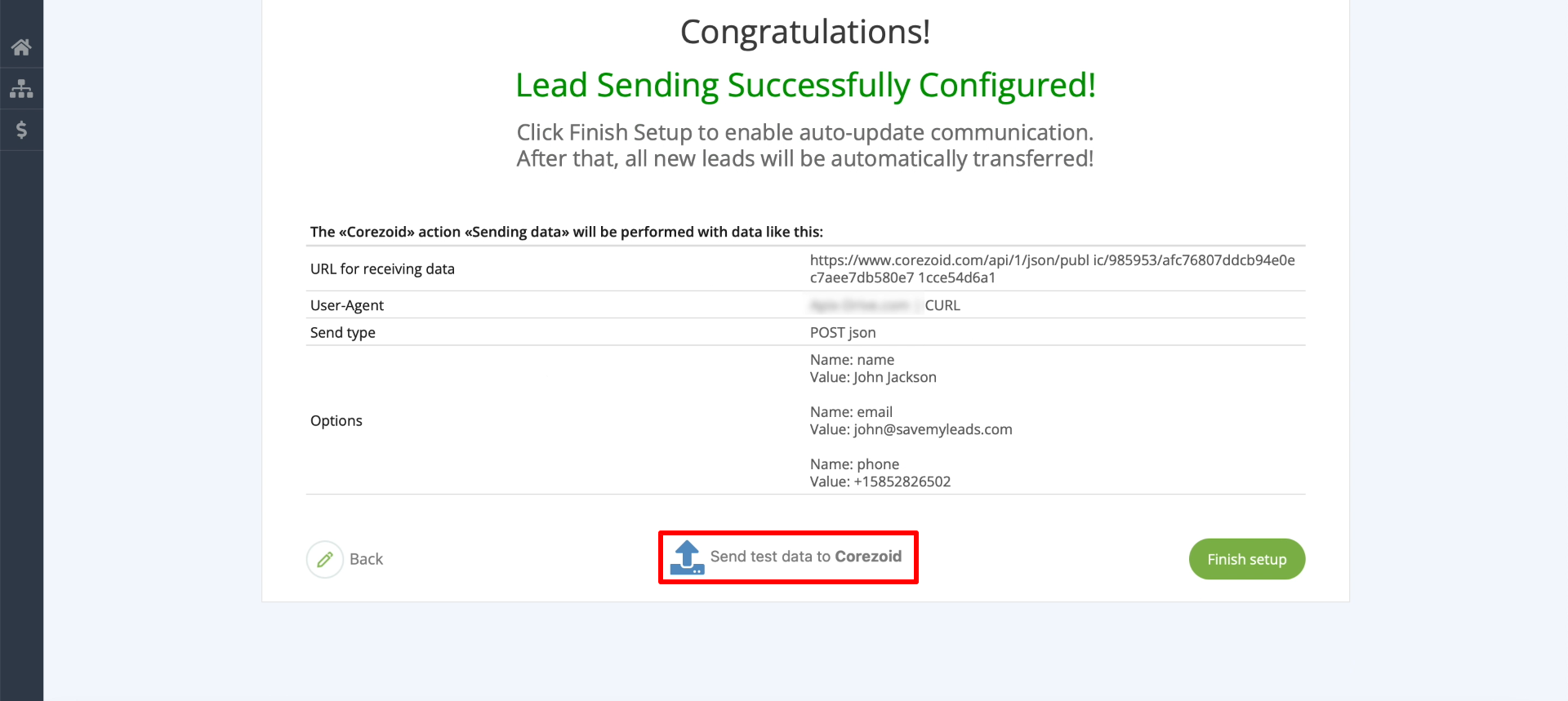 How to set up uploading new leads from a Facebook ad account in Corezoid | Sending test data to Corezoid
