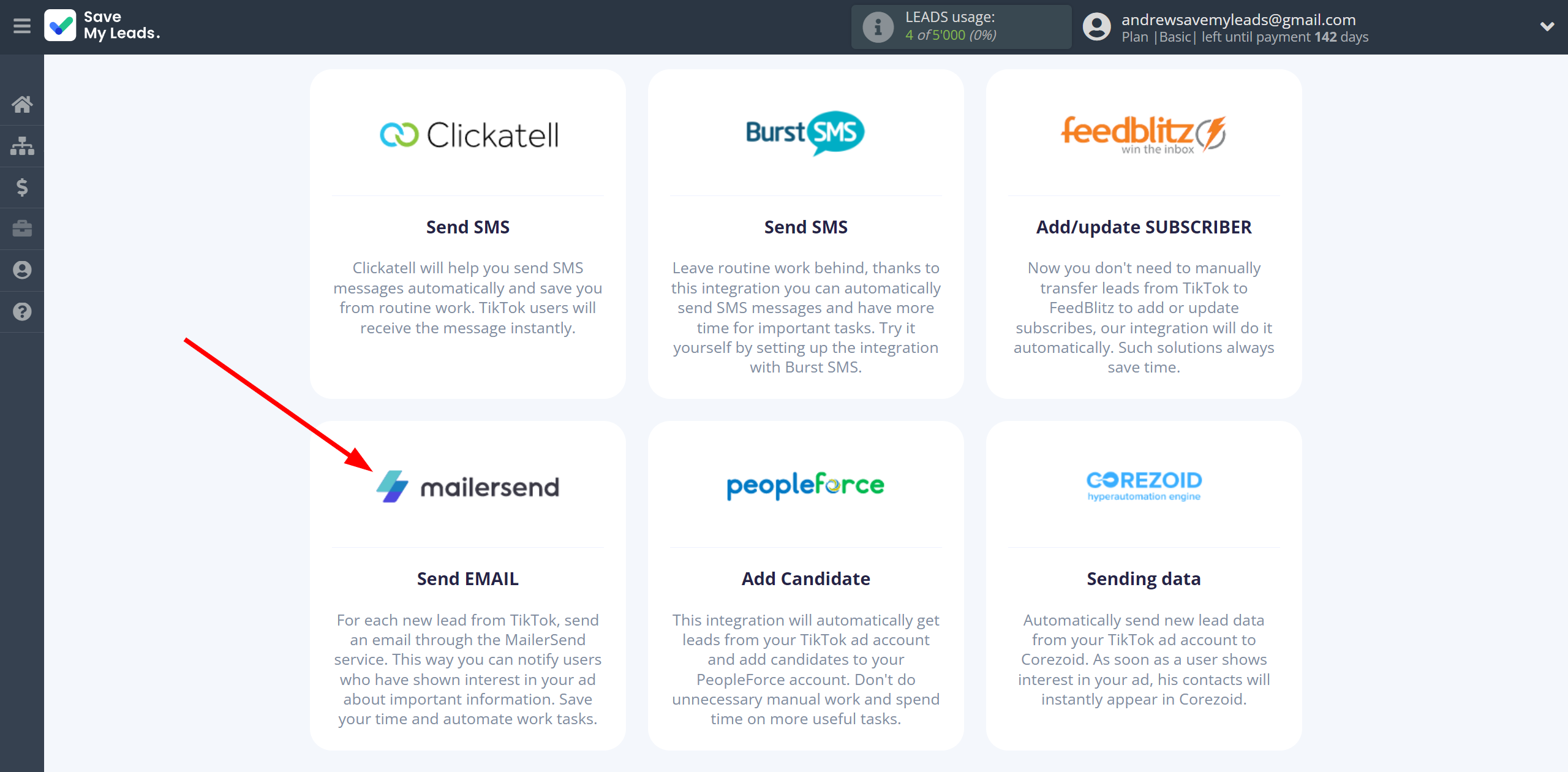 How to Connect TikTok with MailerSend Send Email | Data Destination system selection