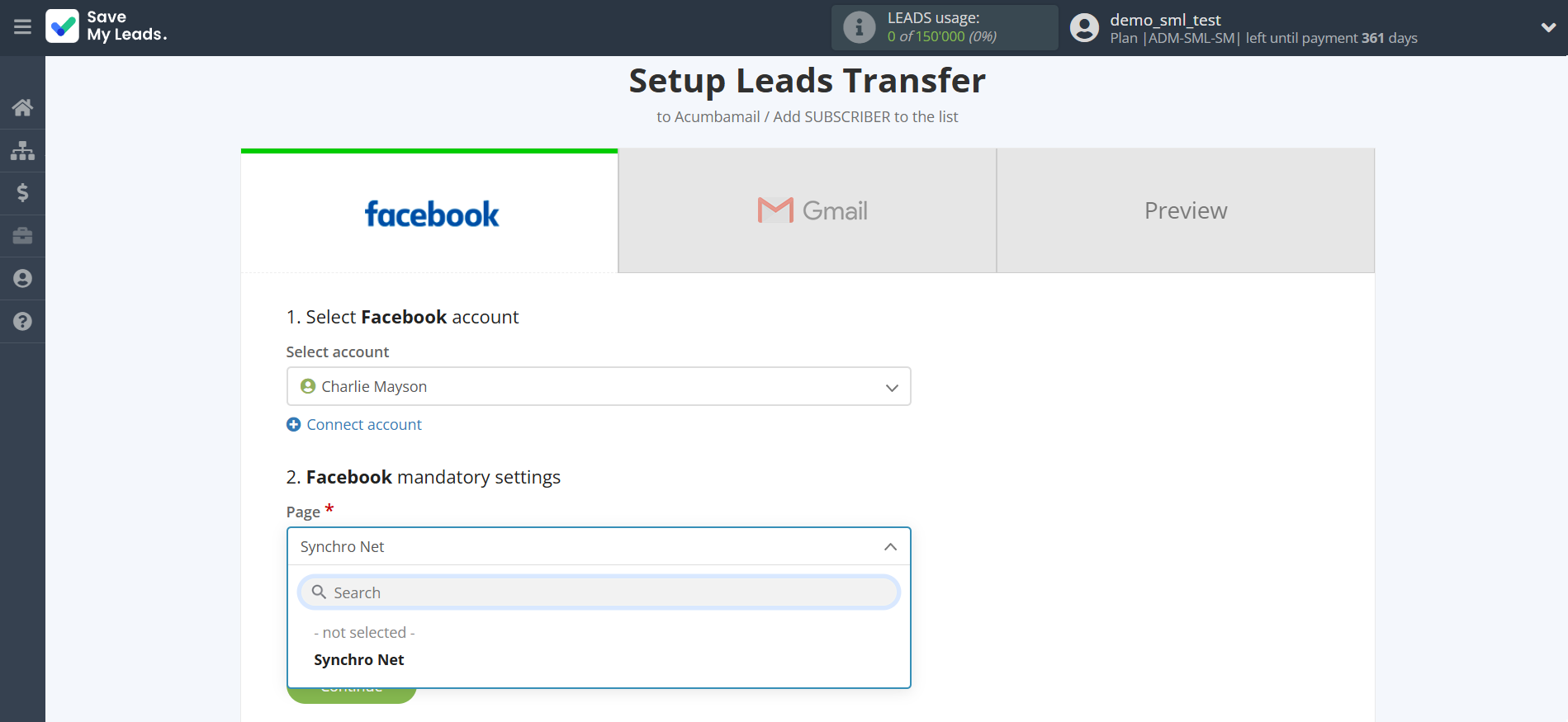 How to Connect Facebook with Gmail | Data Source account selection