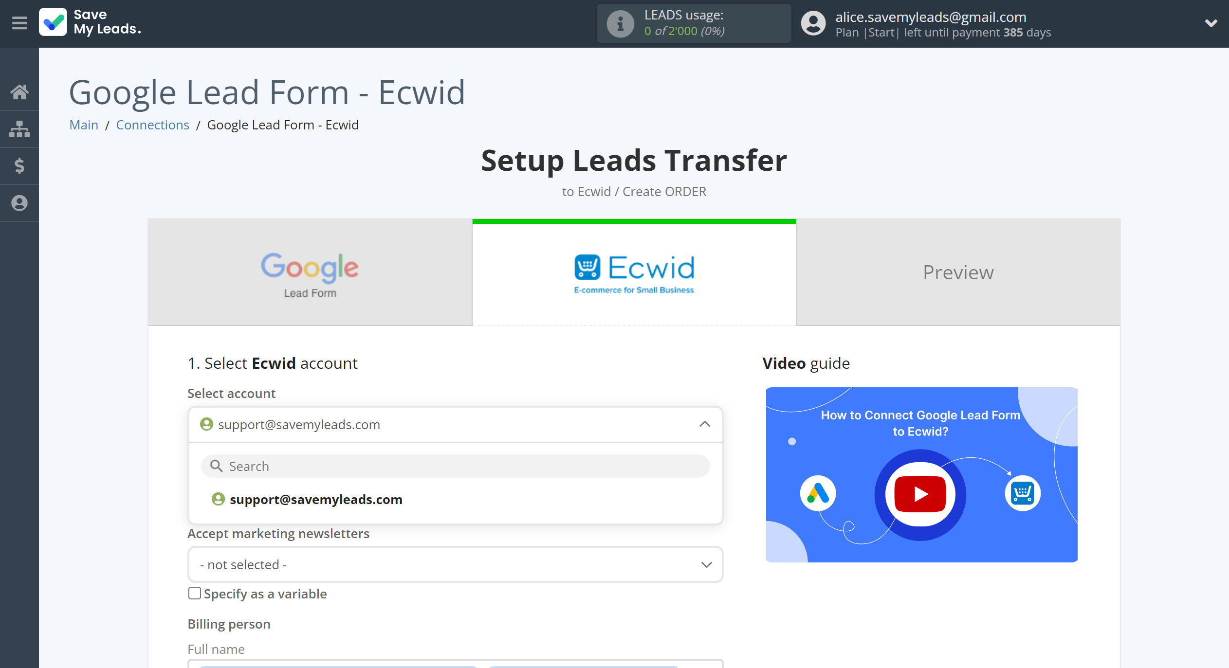 How to Connect Google Lead Form with Ecwid Create Order | Data Destination account selection