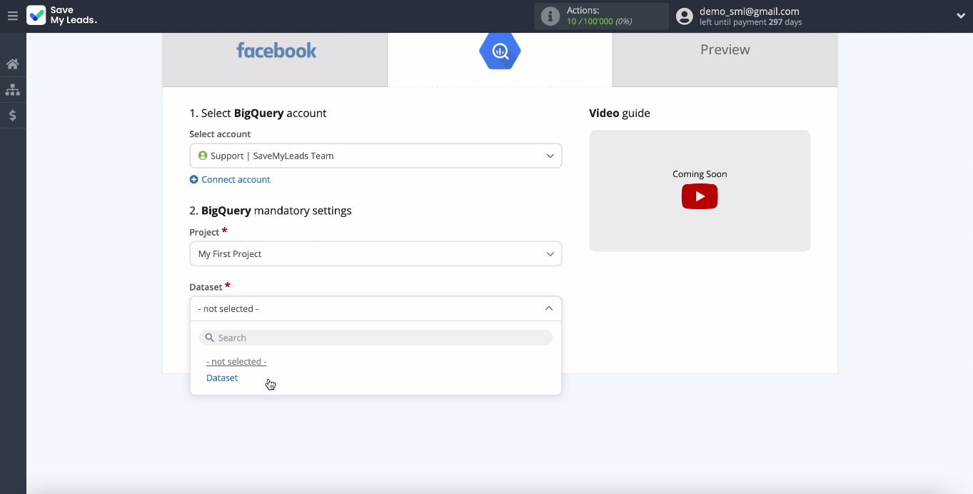 Facebook and Google BigQuery integration | Select the project