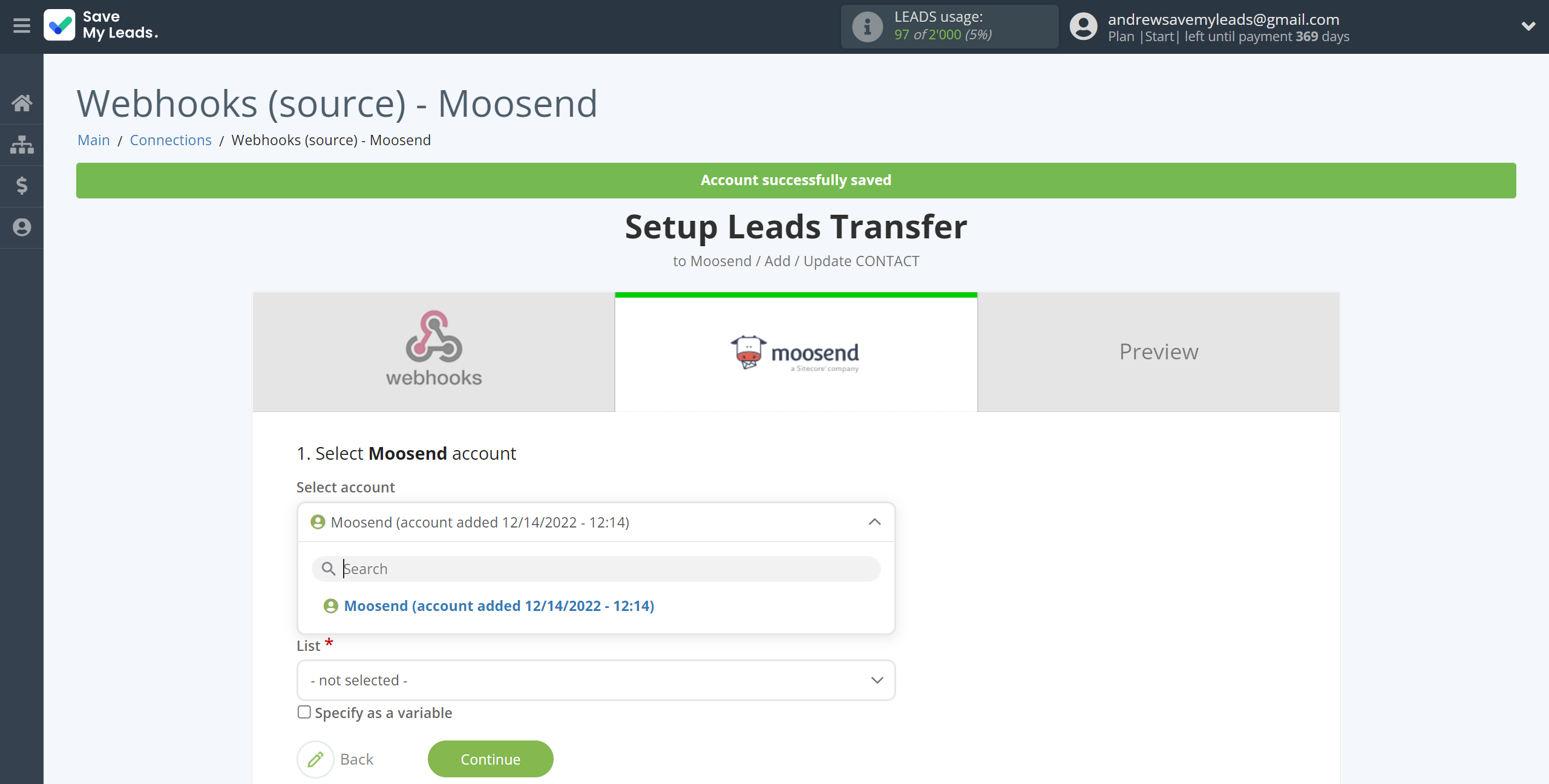 How to Connect Webhooks with Moosend | Data Destination account selection