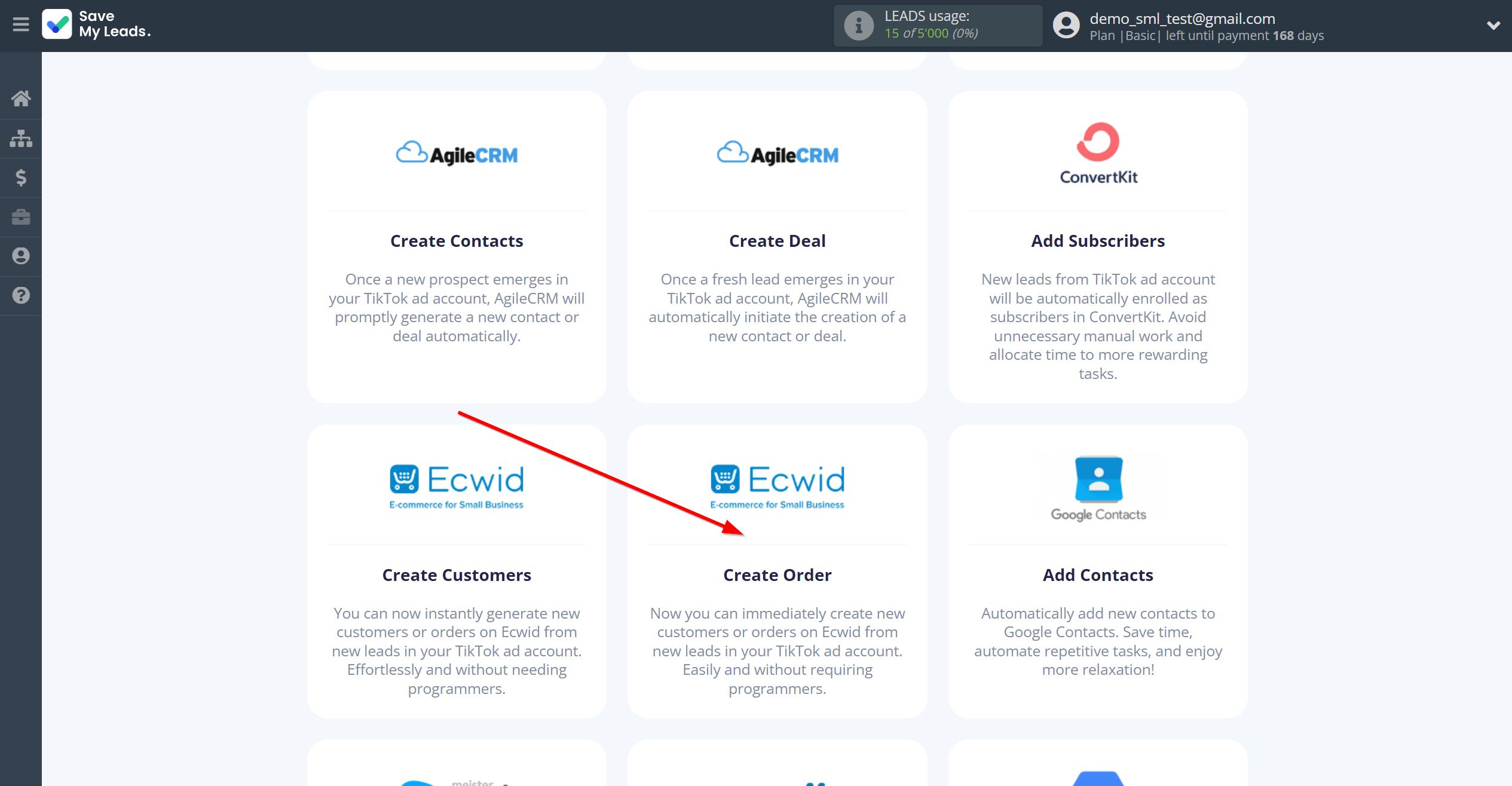 How to Connect TikTok with Ecwid Create Order | Data Destination system selection