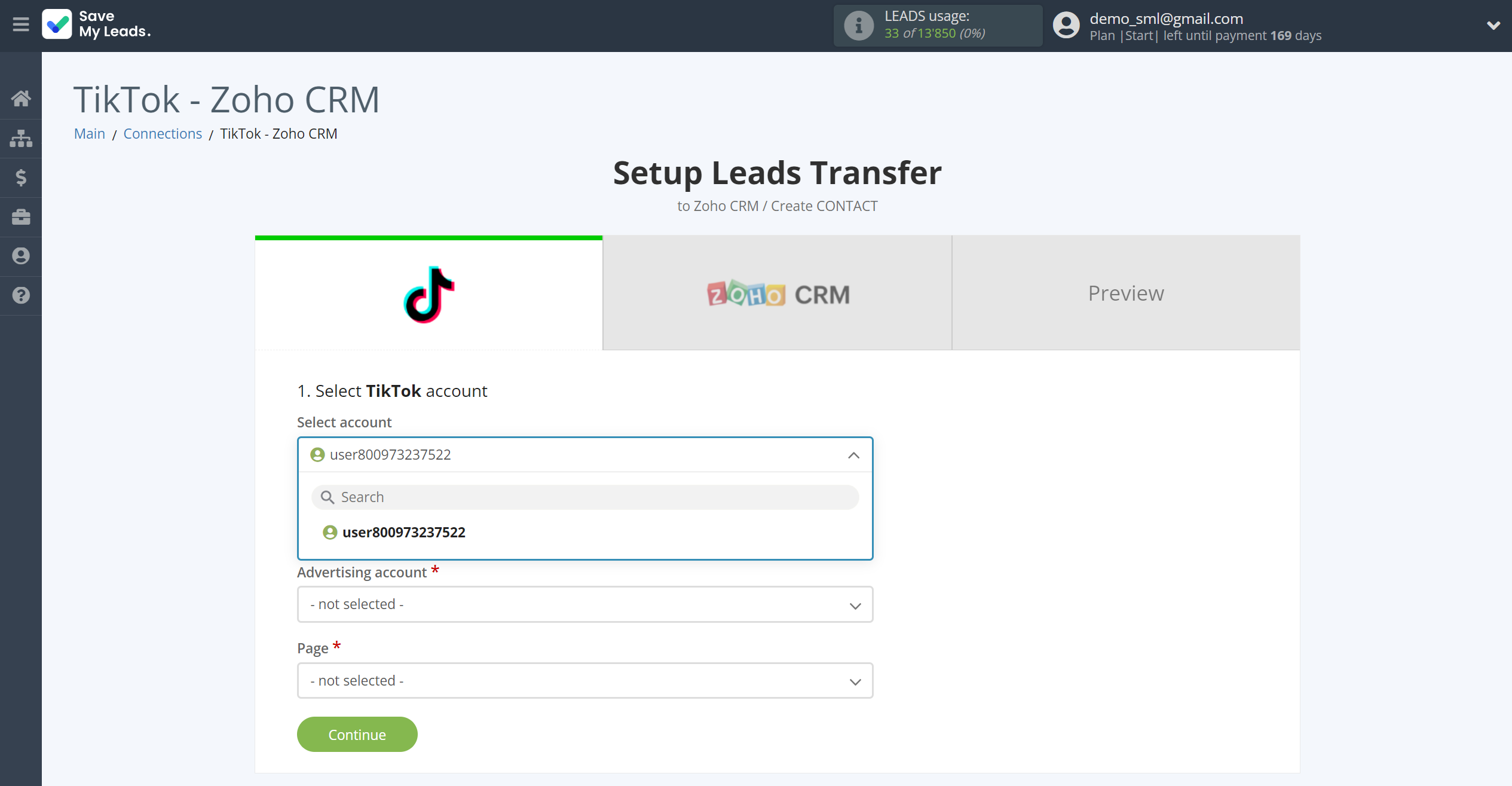 How to Connect TikTok with Zoho CRM Create Contacts | Data Source account selection