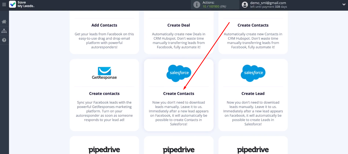 Facebook and Salesforce integration | Choose the template Salesforce (Create Contacts)