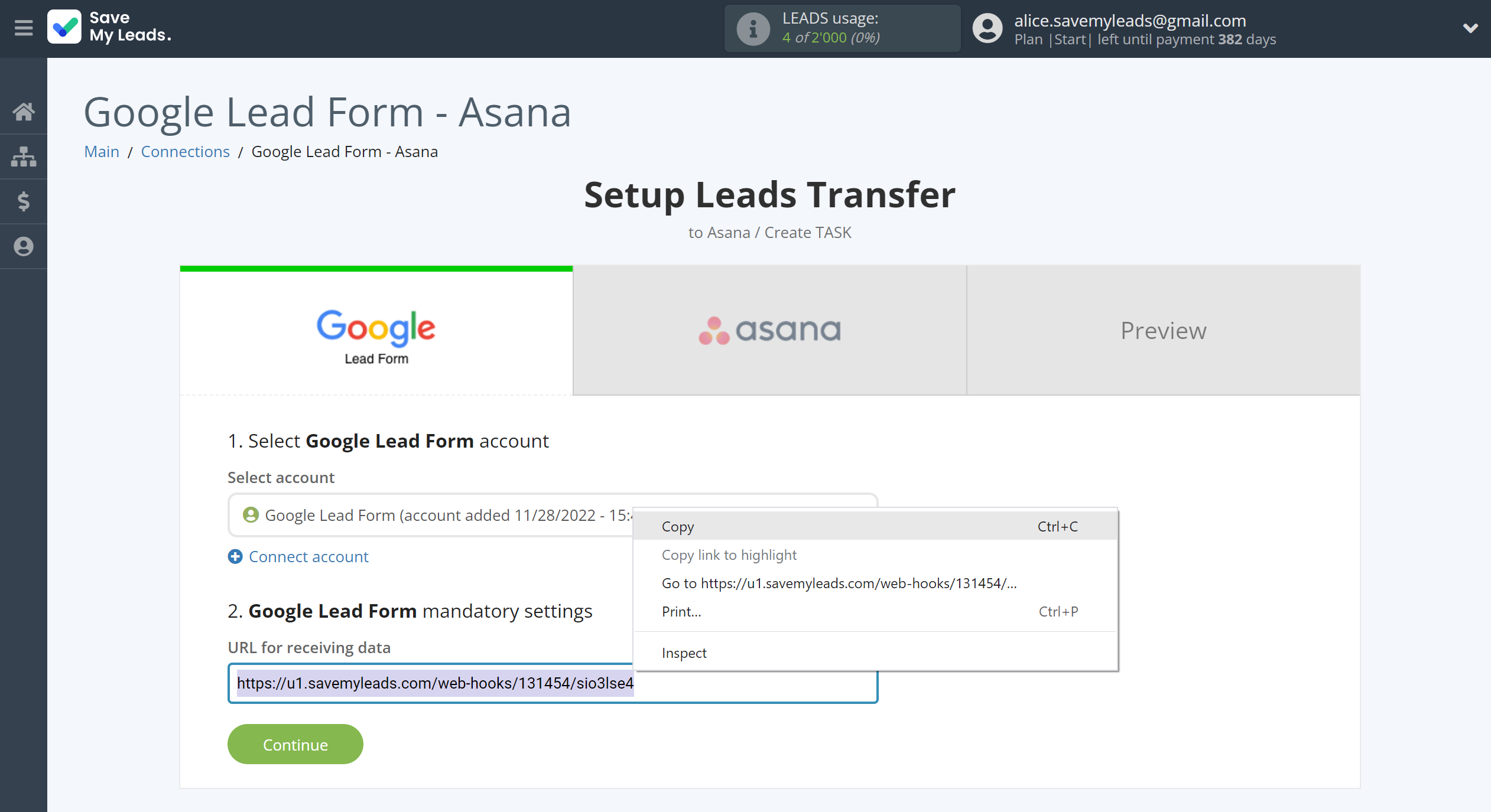 How to Connect Google Lead Form with Asana | Data Source account connection