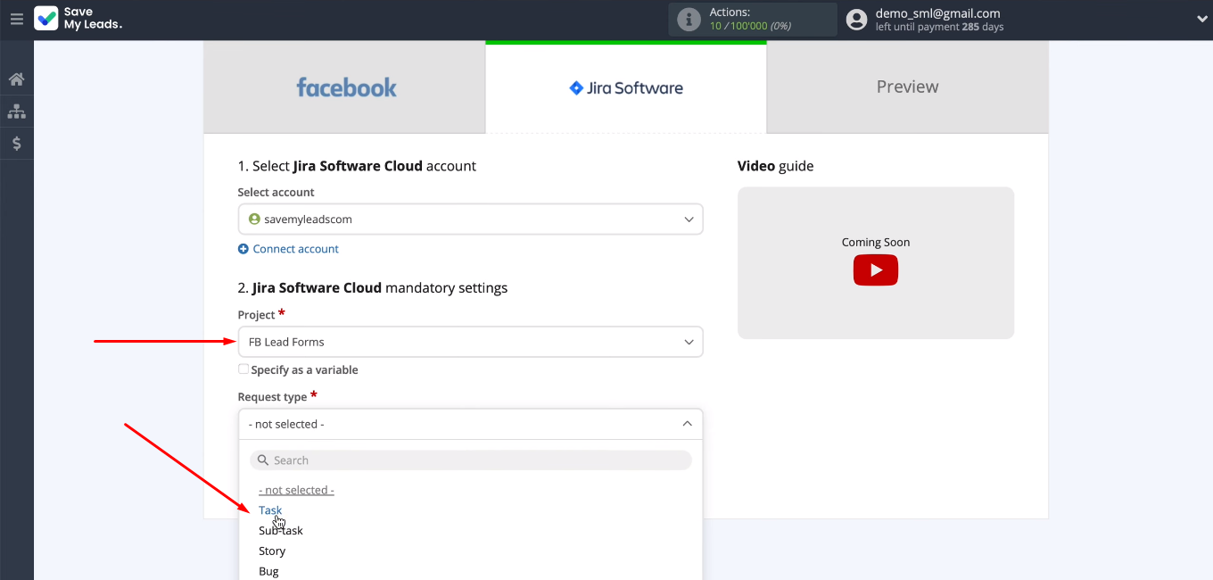 Facebook and Jira Software Cloud integration | Select&nbsp;the project and&nbsp;the request type