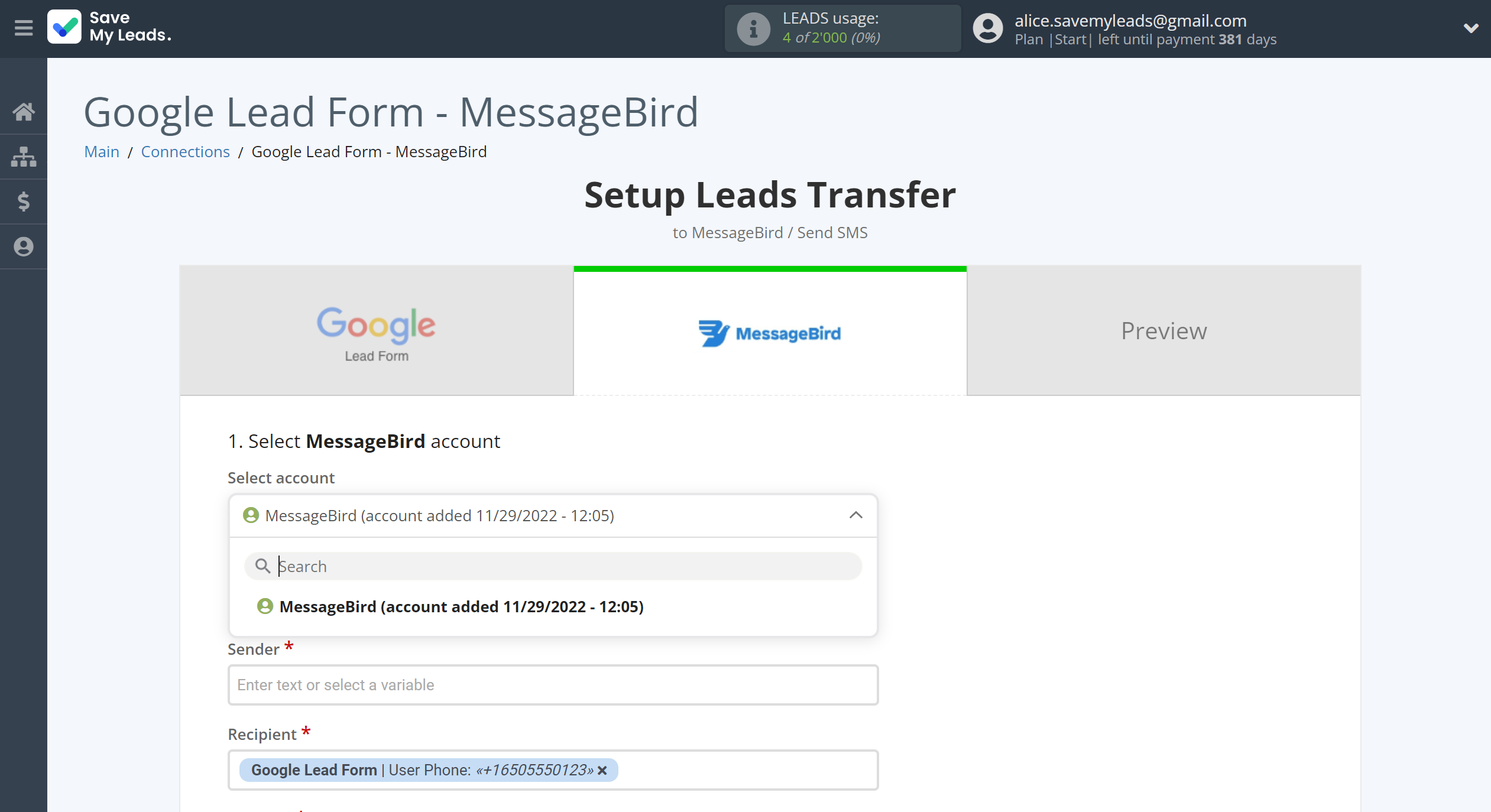How to Connect Google Lead Form with MessageBird | Data Destination account selection