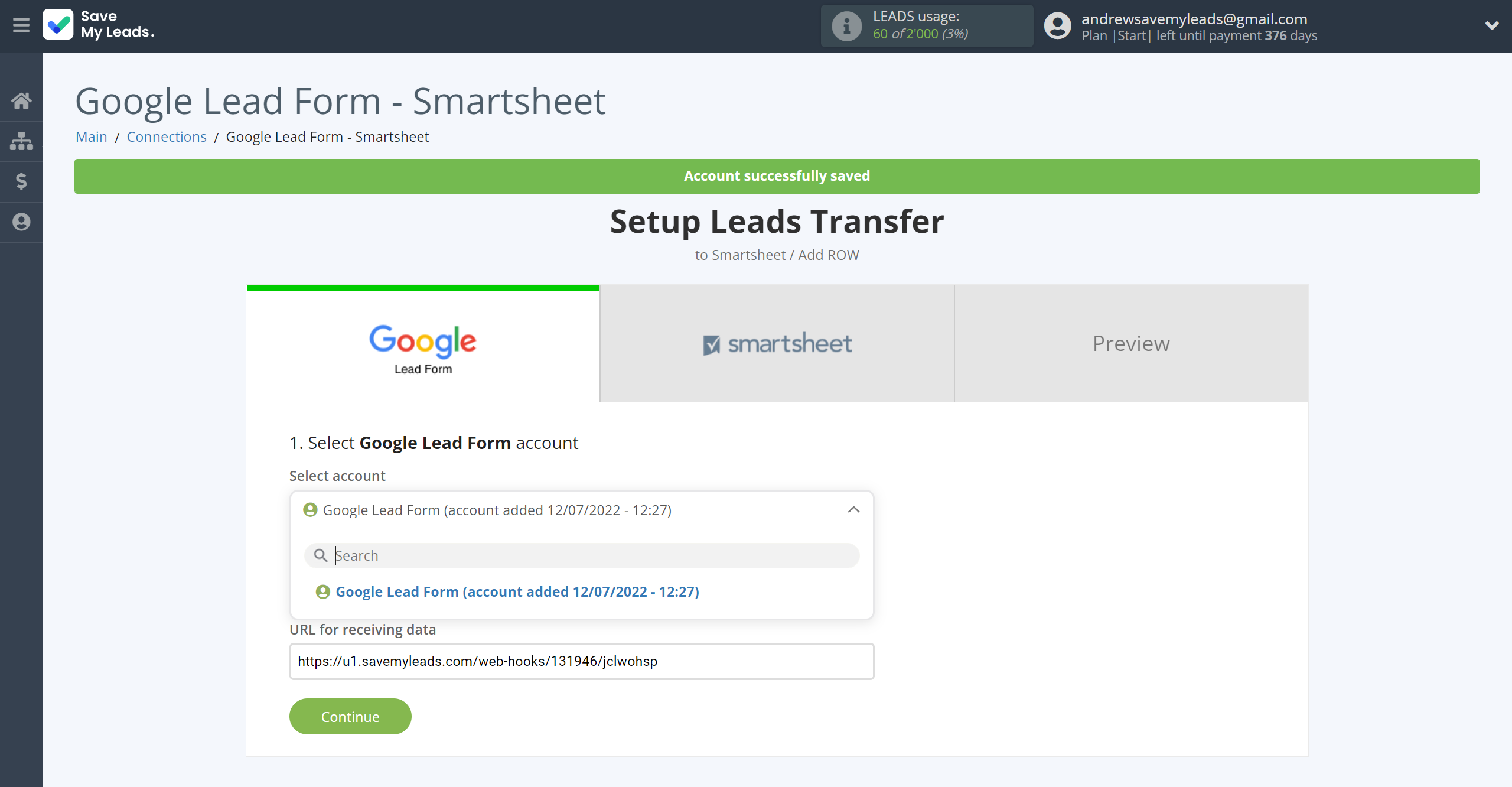 How to Connect Google Lead Form with Smartsheet | Data Source account selection