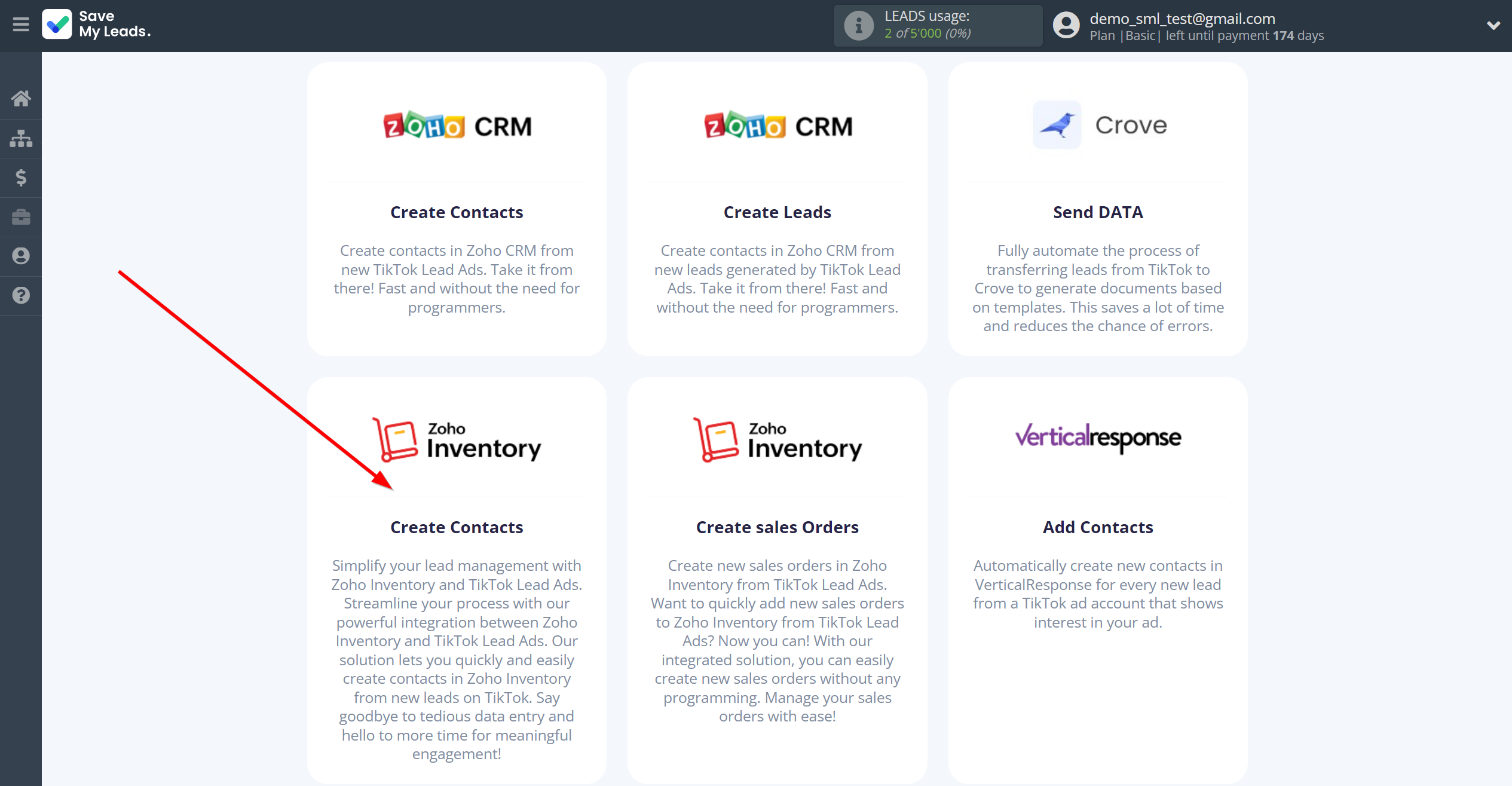 How to Connect TikTok with Zoho Inventory Create Contacts | Data Destination system selection