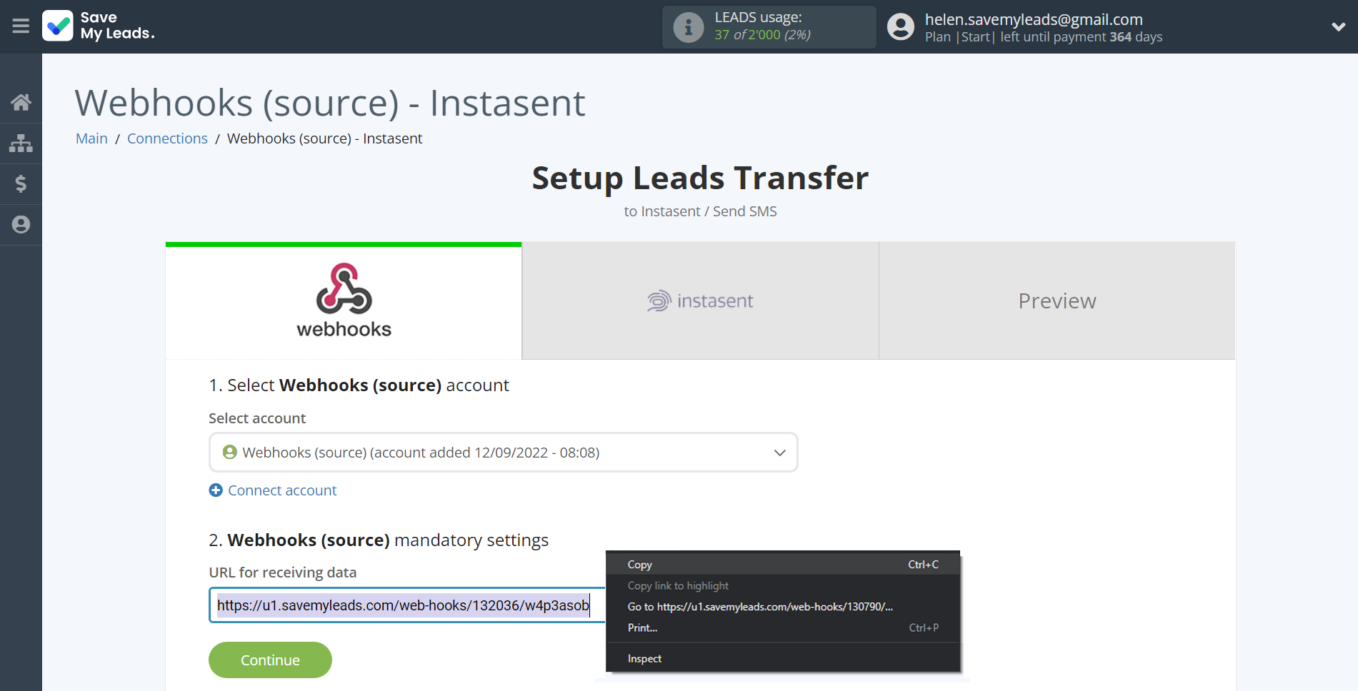 How to Connect Webhooks with Instasent | Data Source account connection