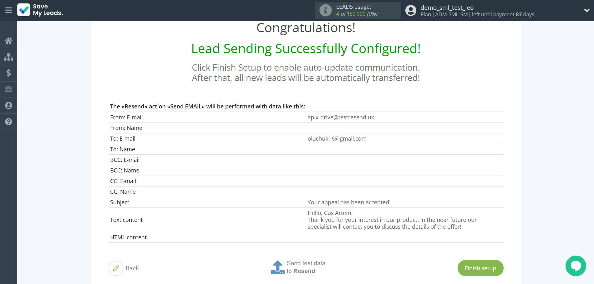How to Connect Facebook with Resend | Test data