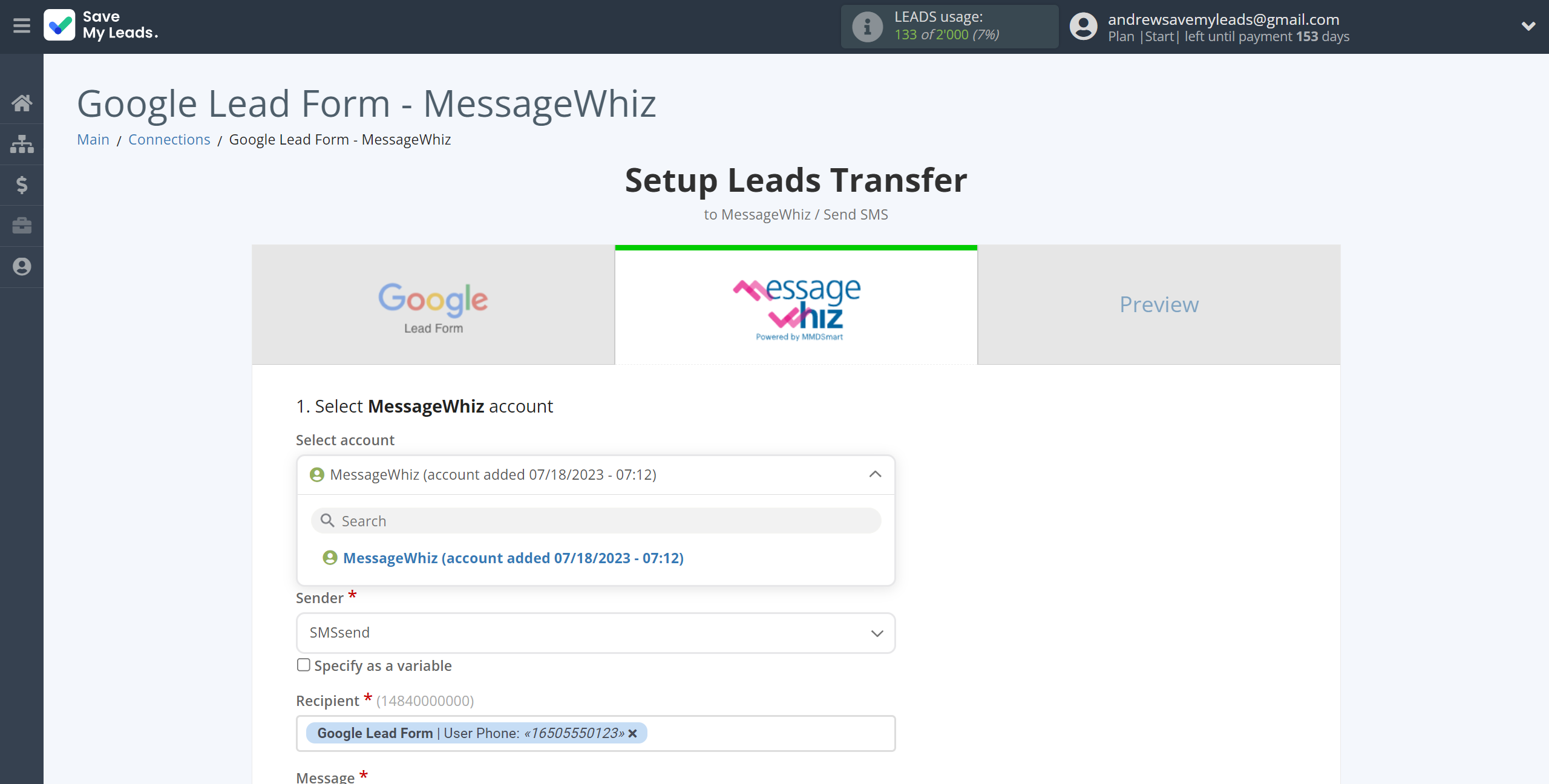 How to Connect Google Lead Form with MessageWhiz | Data Destination account selection