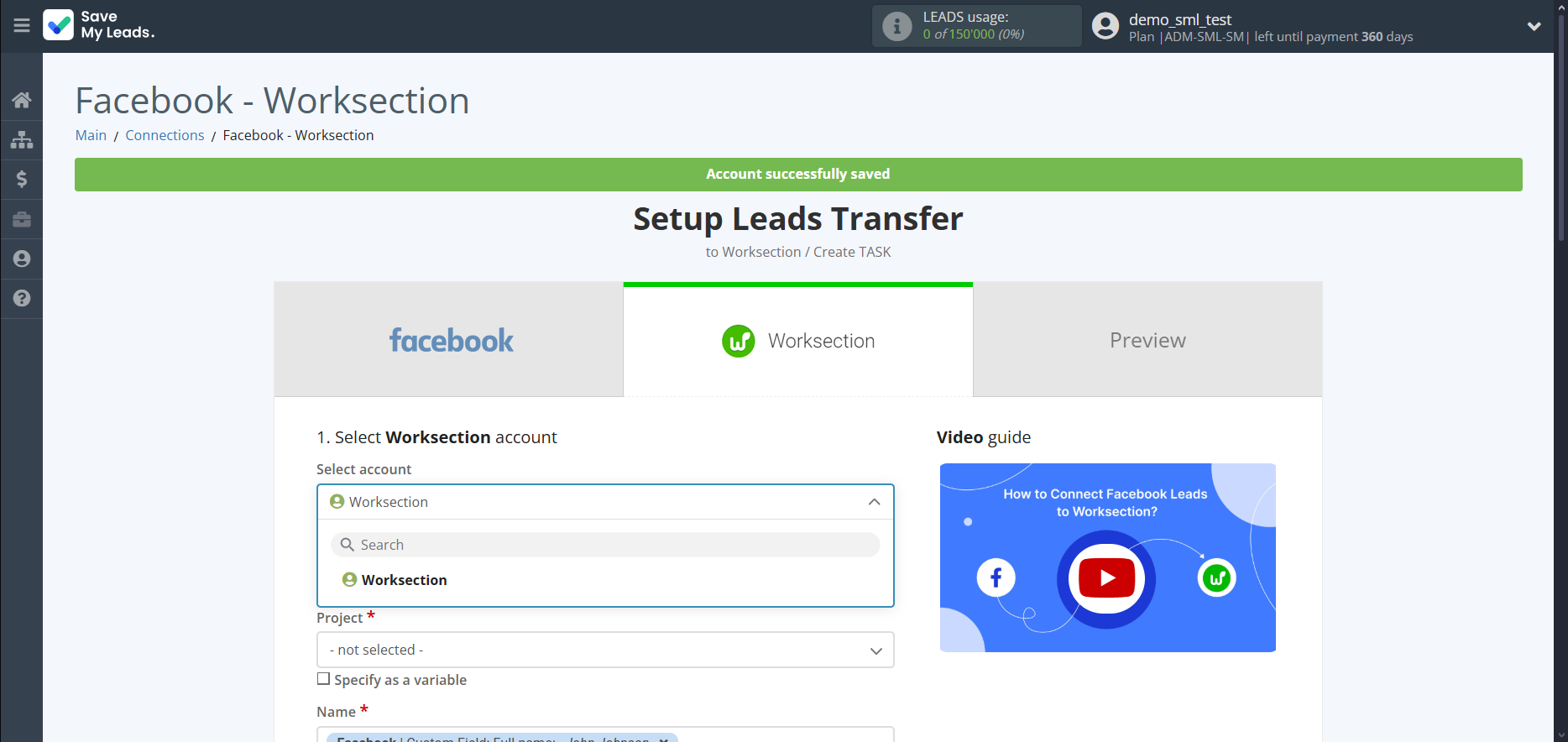 How to Connect Facebook with Worksection | Data Destination account selection