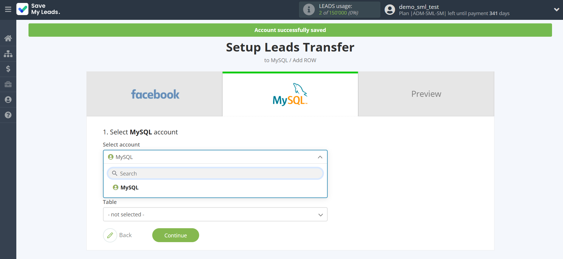 How to Connect Facebook with MySQL | Data Destination account selection How to Connect Facebook with MySQL | Data Destination account selection