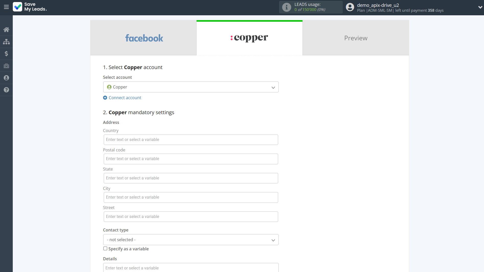 How to Connect Facebook with Copper Create Contacts | Assigning fields