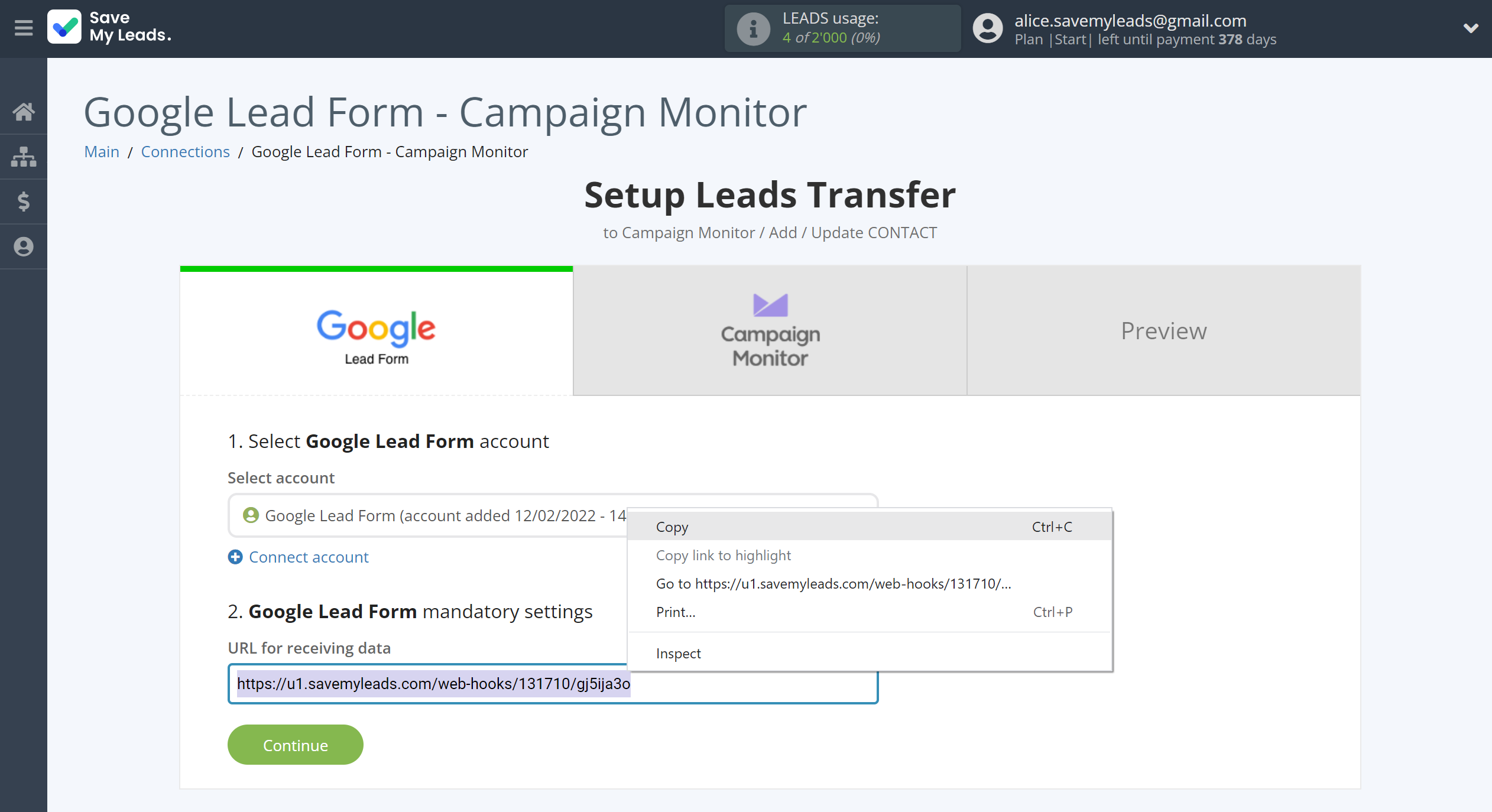 How to Connect Google Lead Form with Campaign Monitor | Data Source account connection