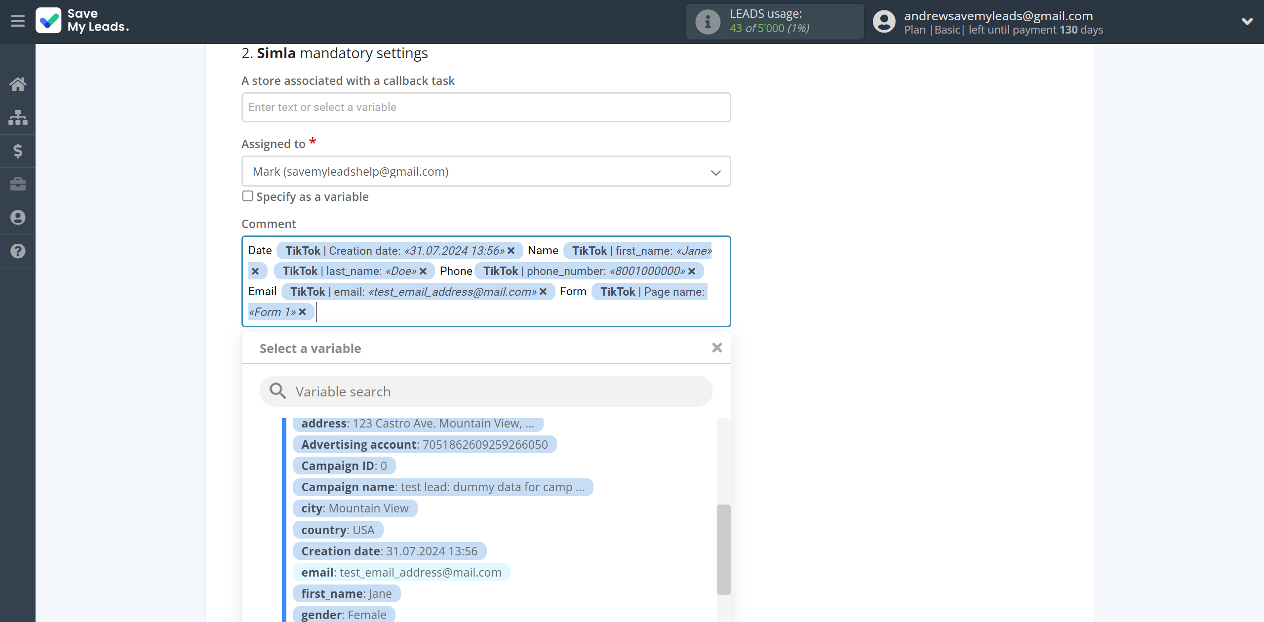 How to Connect TikTok with Simla Create Task | Assigning fields