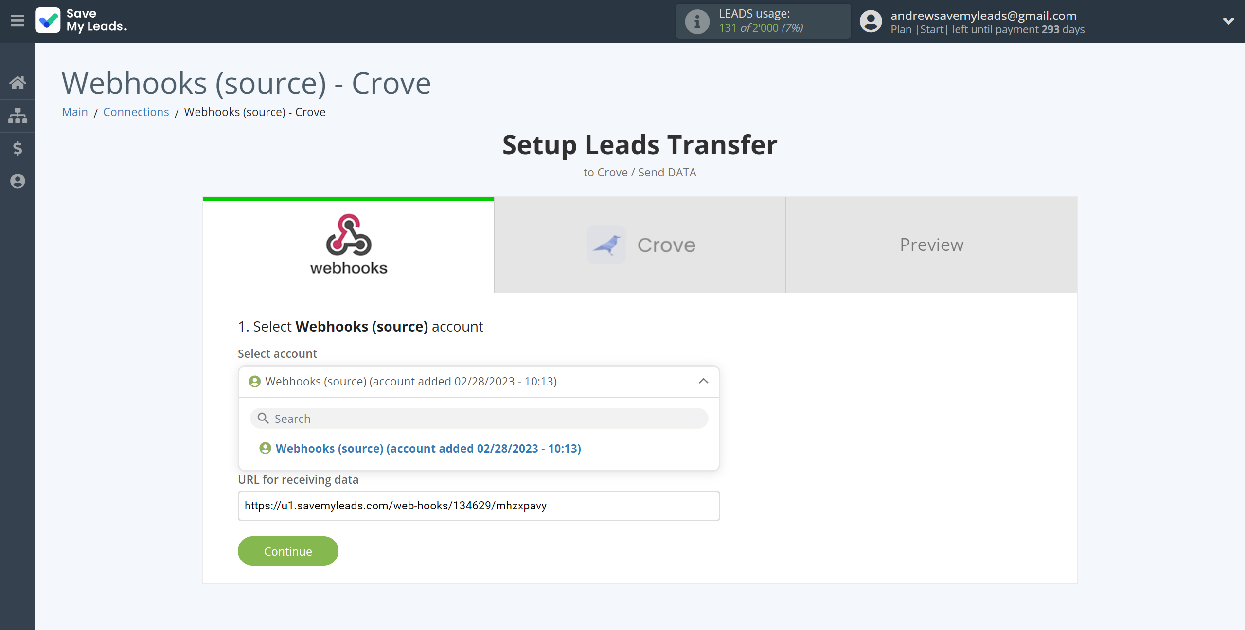 How to Connect Webhooks with Crove | Data Source account selection