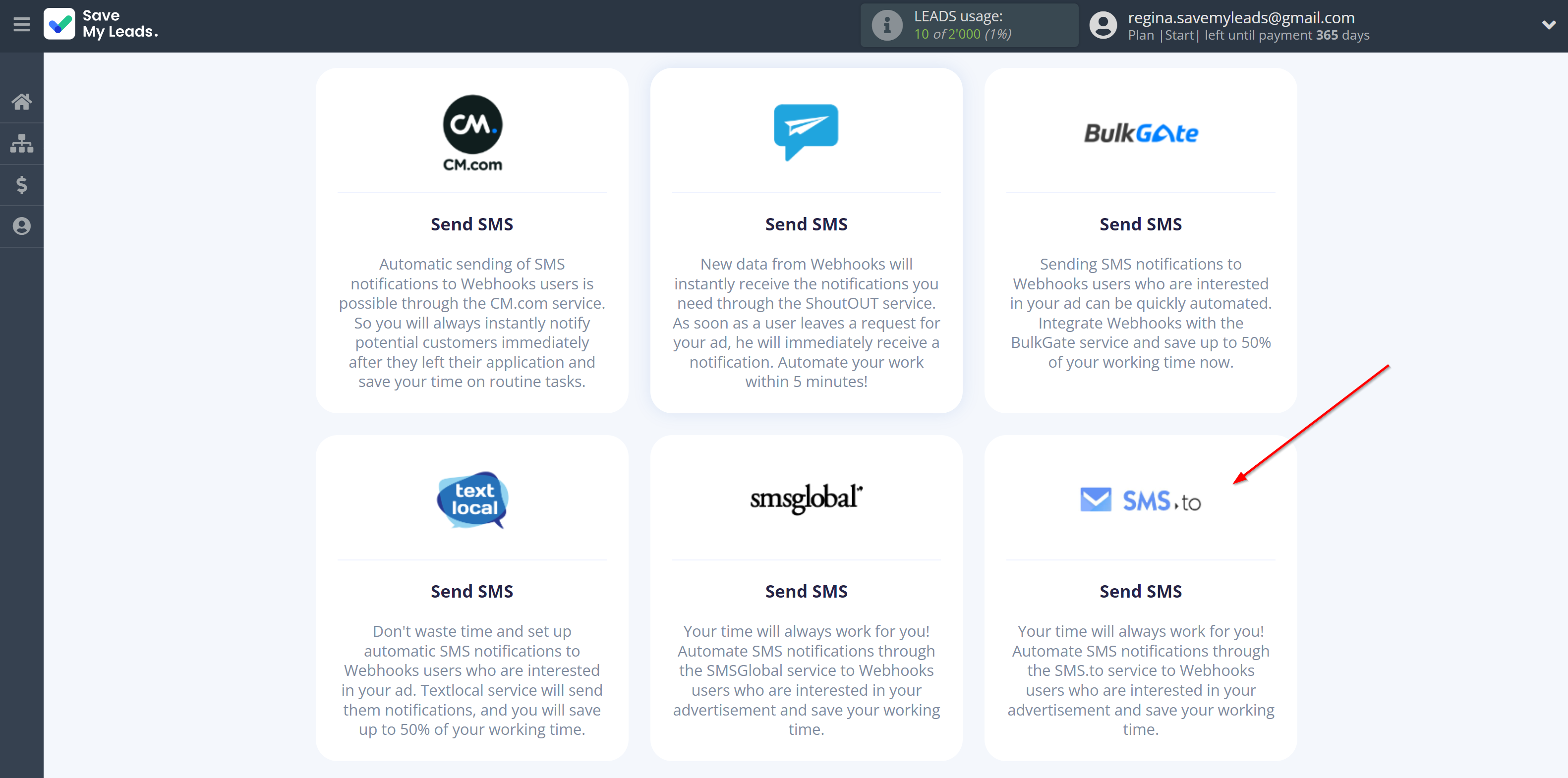 How to Connect Webhooks with SMS.to | Data Destination system selection