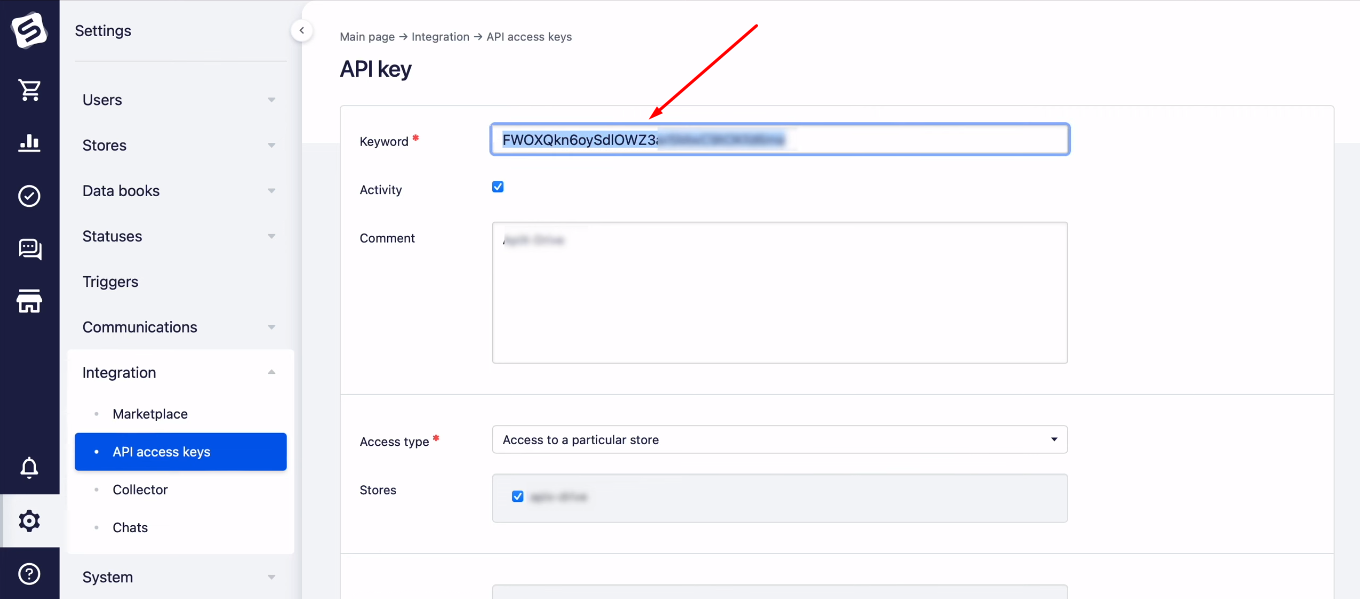 Facebook and Simla integration | Copy API key
