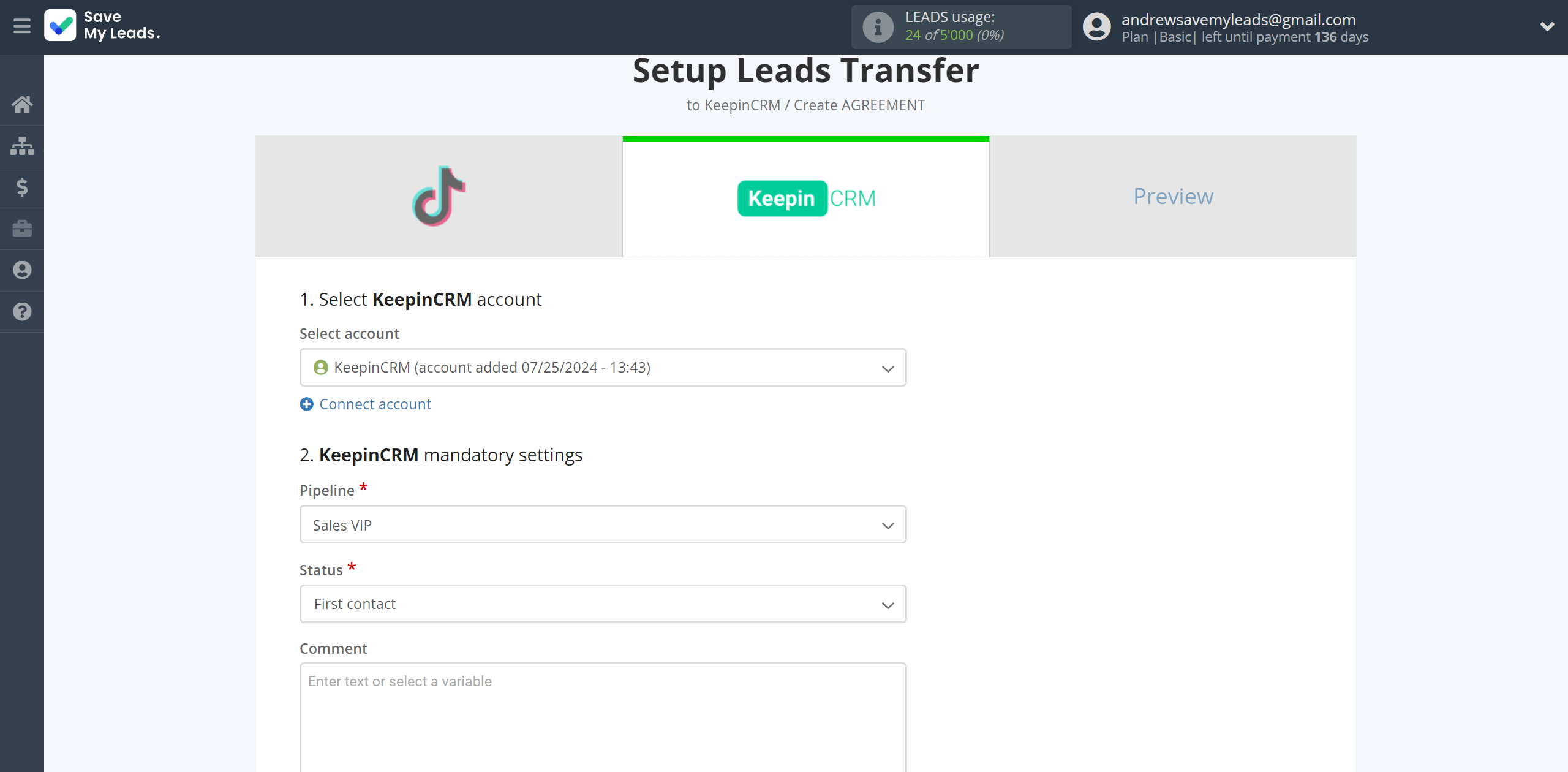 How to Connect TikTok with KeepinCRM Create Agreement | Selecting Pipeline and Status