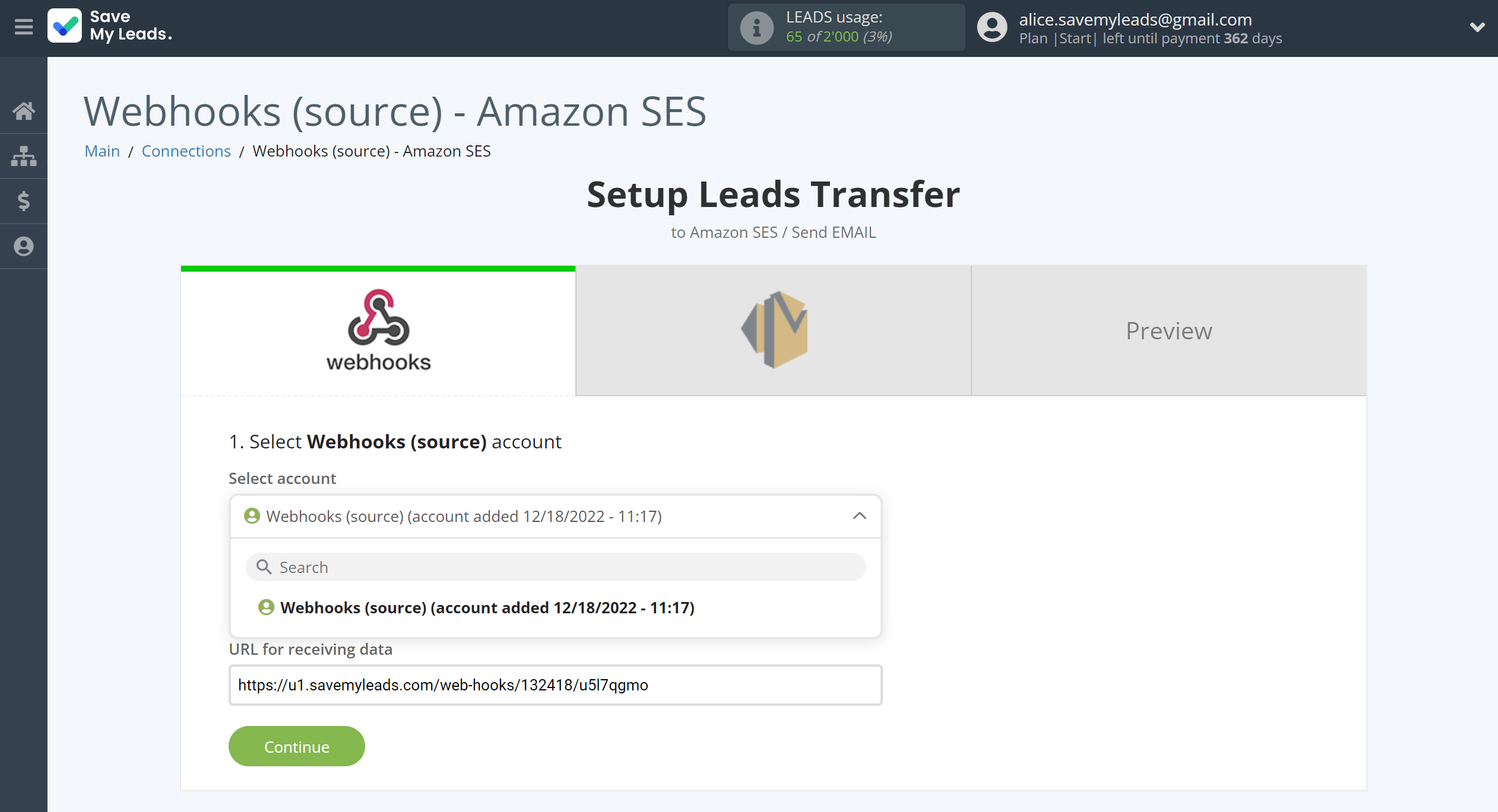 How to Connect Webhooks with Amazon SES | Data Source account selection