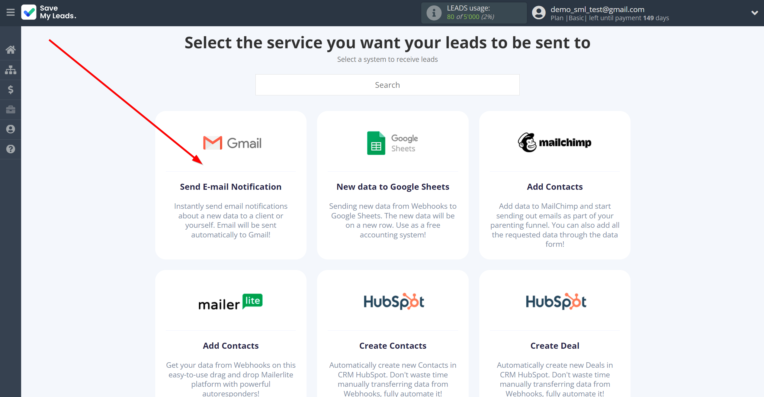 How to Connect Webhooks with Gmail | Data Destination system selection