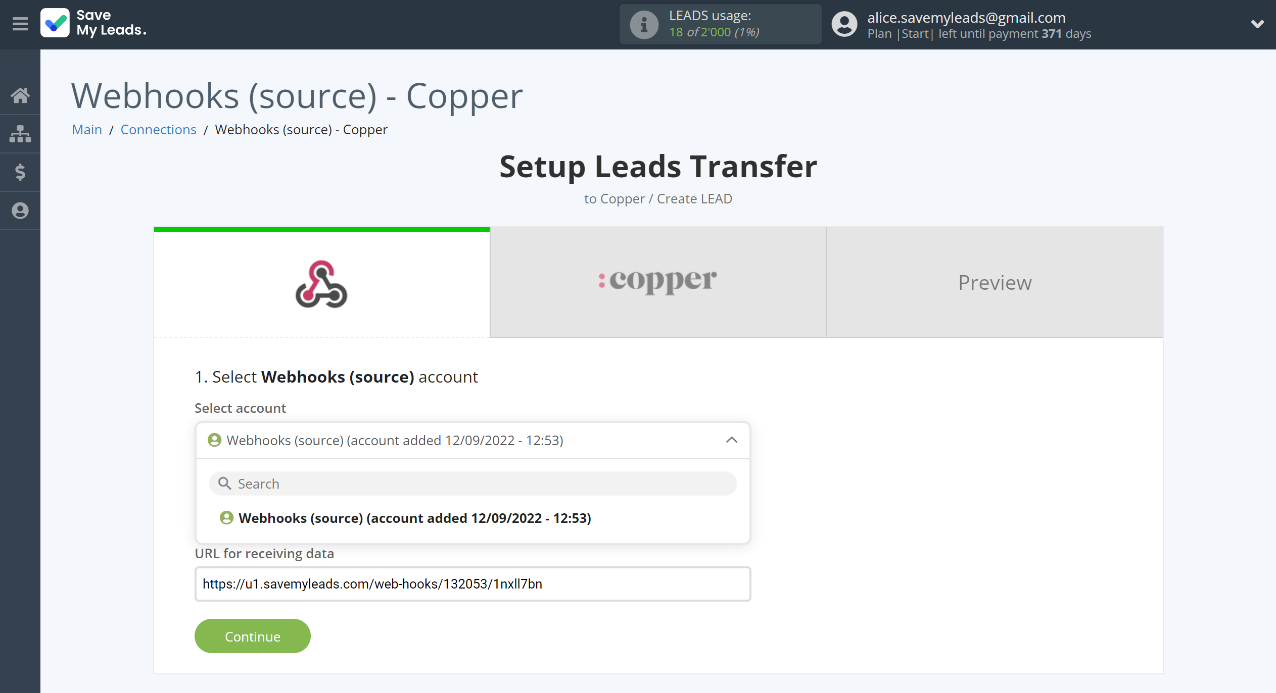 How to Connect Webhooks with Copper Create Lead | Data Source account selection