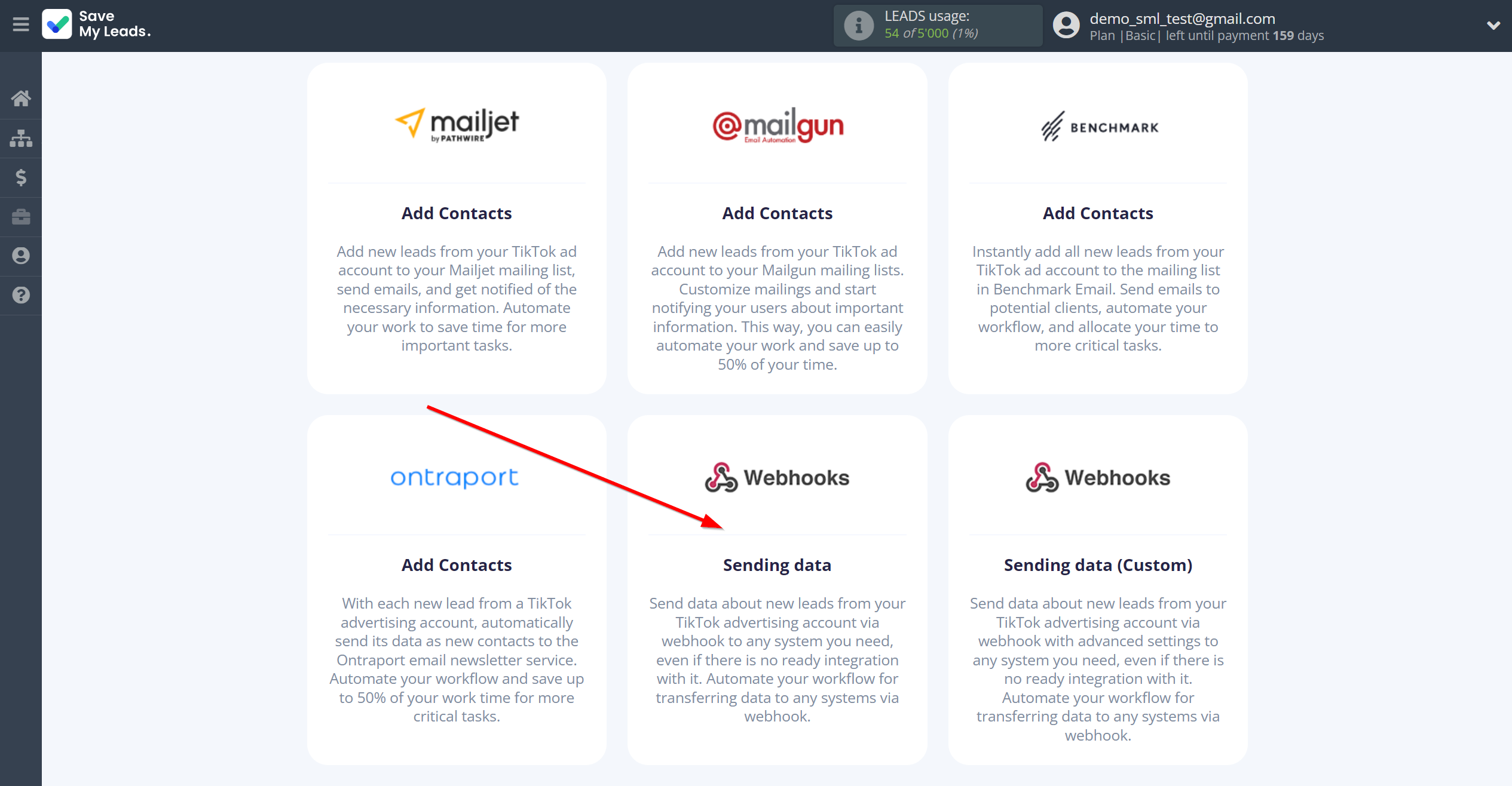 How to Connect TikTok with Webhooks | Data Destination system selection