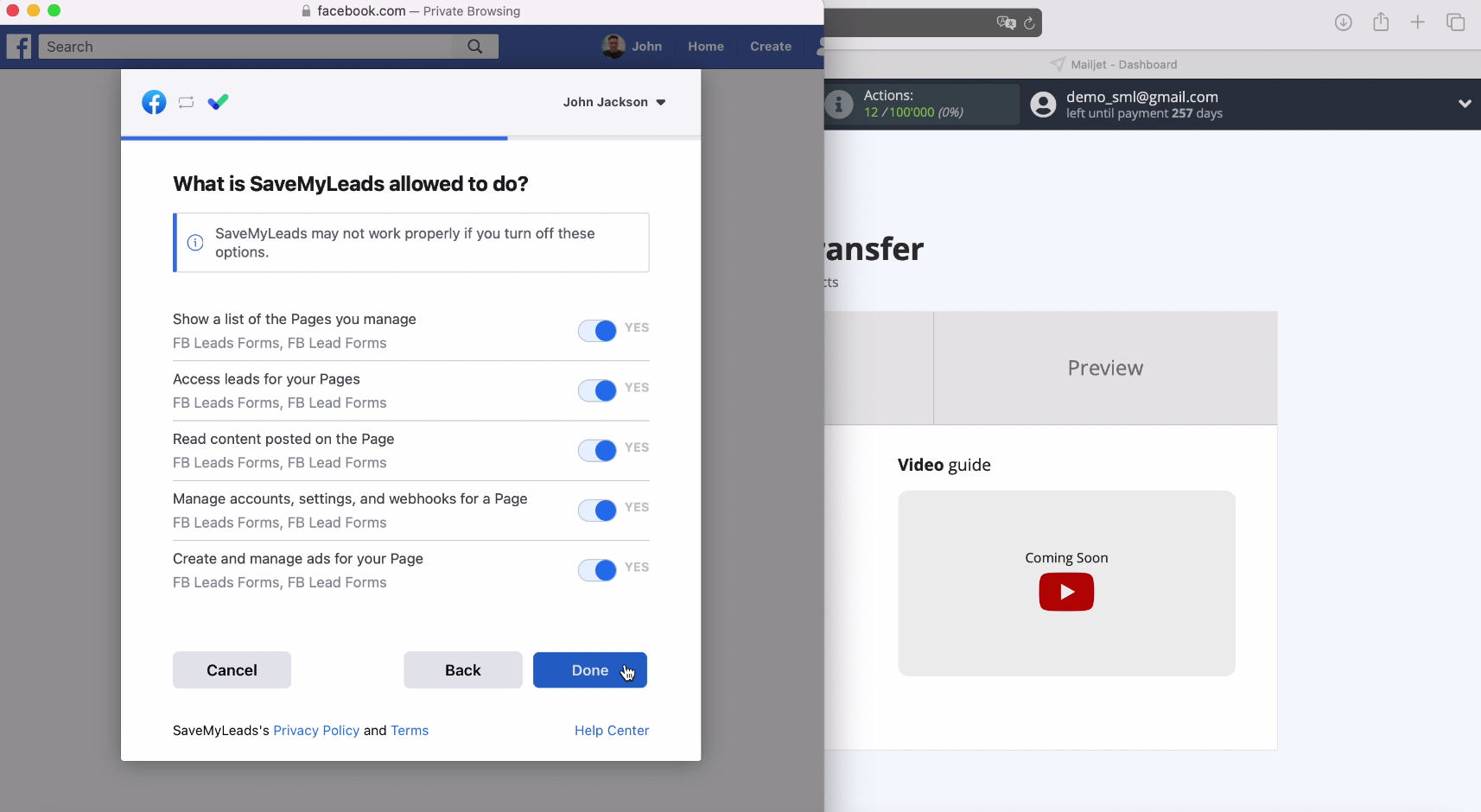 Facebook and Mailjet integration | Continue setting