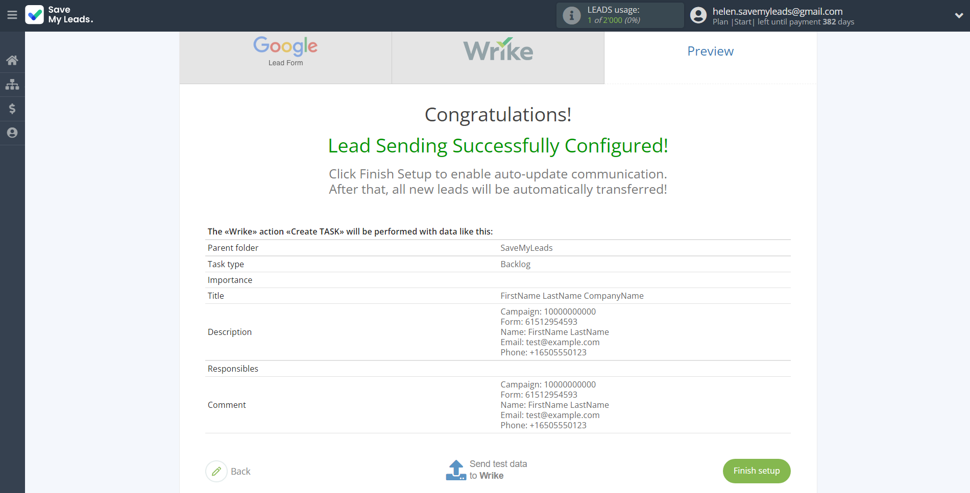 How to Connect Google Lead Form with Wrike | Test data