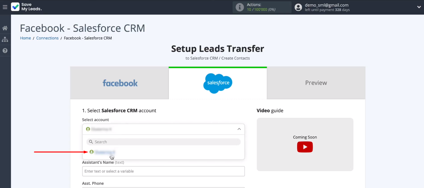 Facebook and Salesforce integration | Select the Salesforce account
