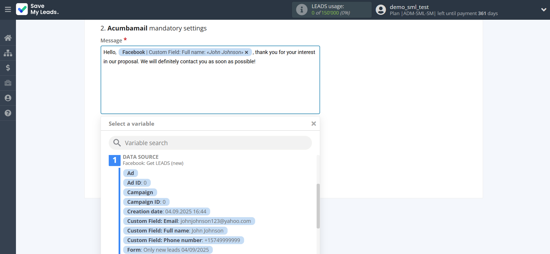 How to Connect Facebook with Acumbamail Send SMS | Assigning fields