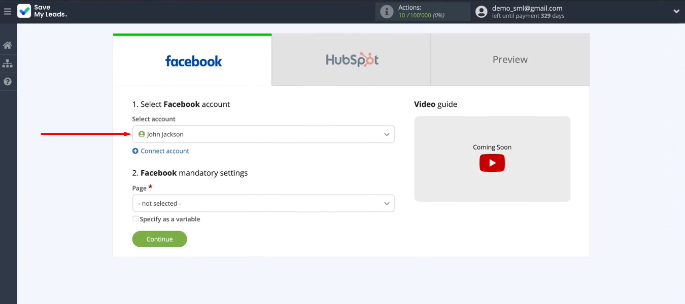 Facebook and HubSpot integration | Select the added FB account