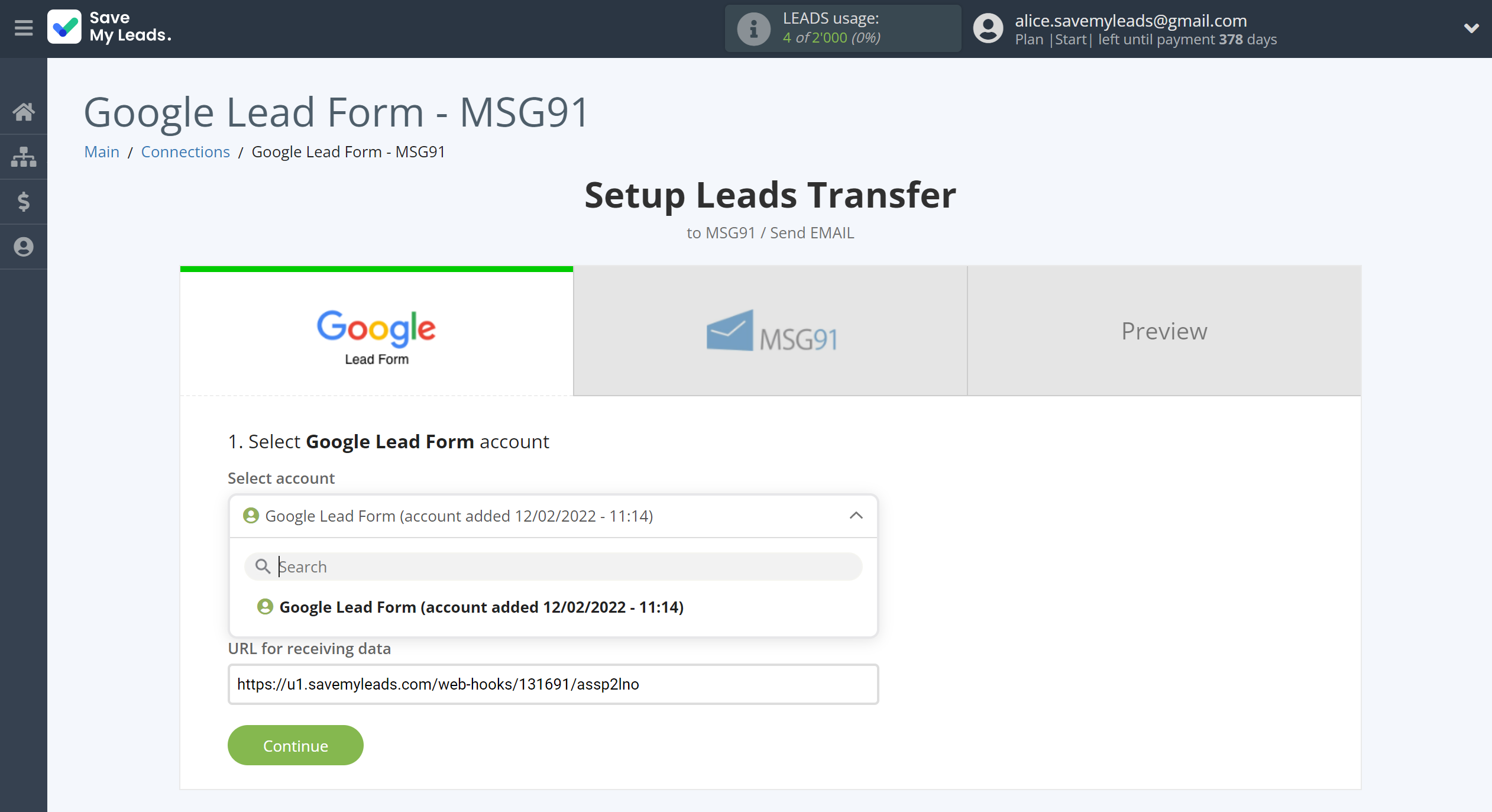 How to Connect Google Lead Form with MSG91 Send Email | Data Source account selection