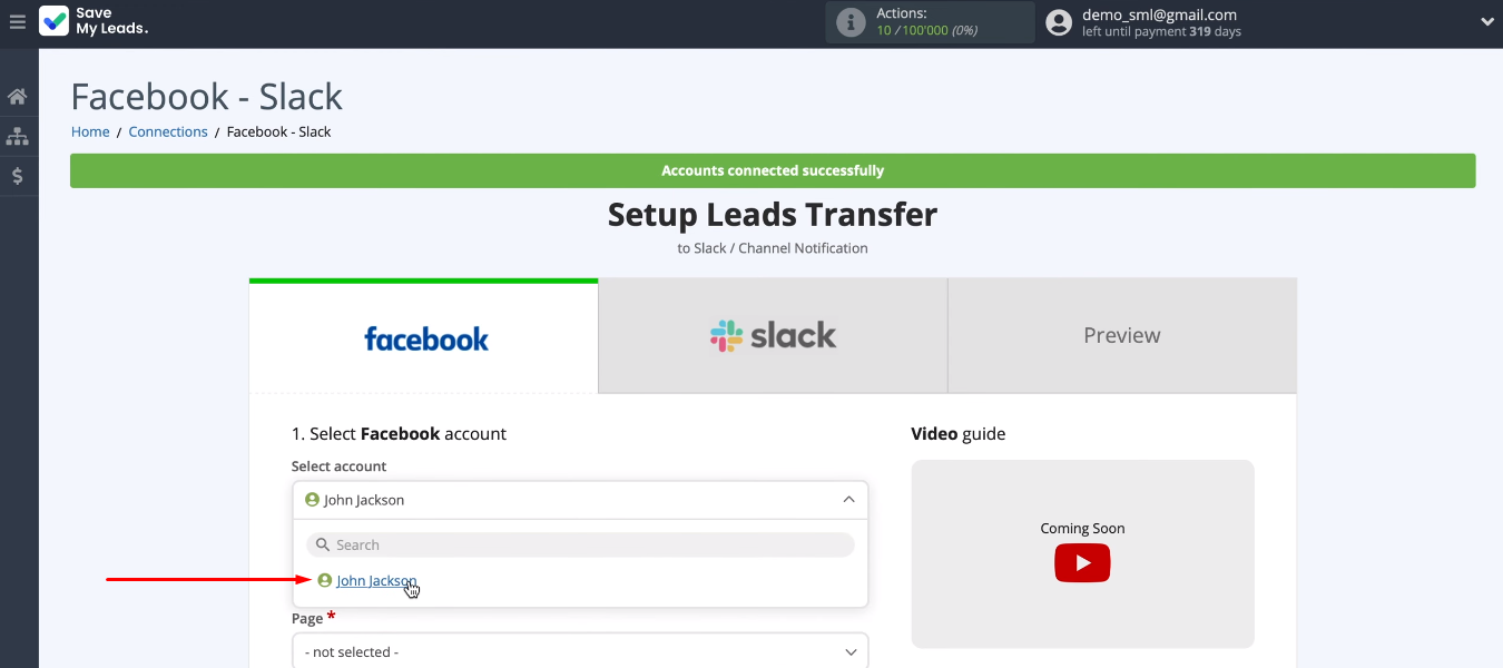 Facebook and Slack integration | Select the Facebook account