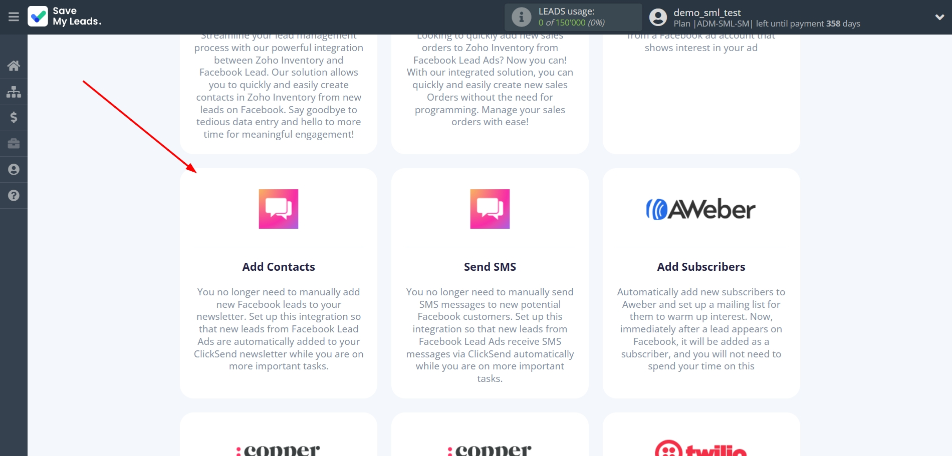 How to Connect Facebook  with ClickSend Add Contacts | Data Destination system selection