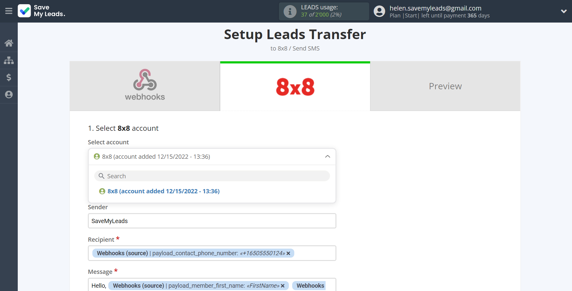 How to Connect Webhooks with 8x8 | Data Destination account selection